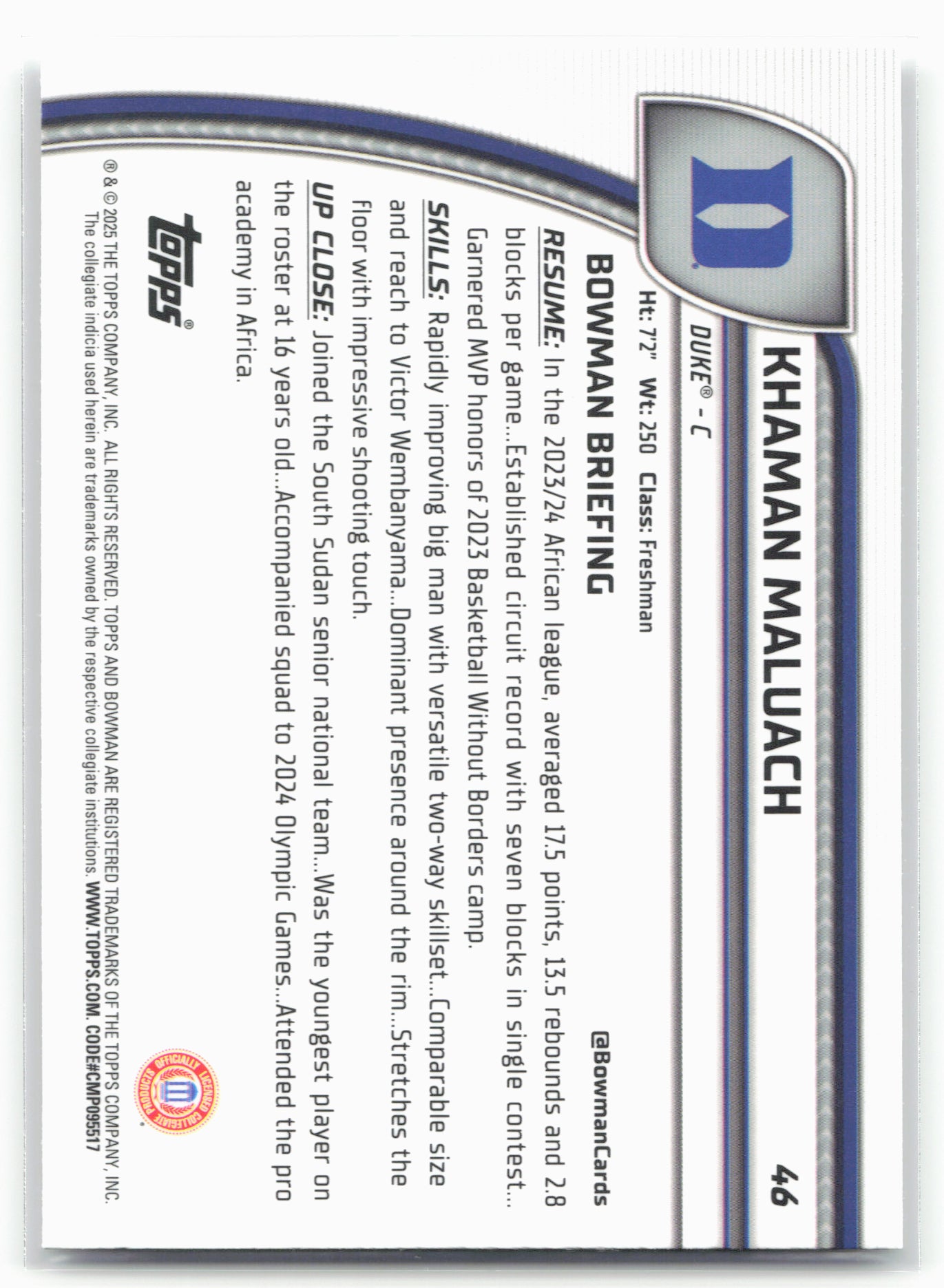 2024-25 Bowman University Chrome #46 Khaman Maluach 17865