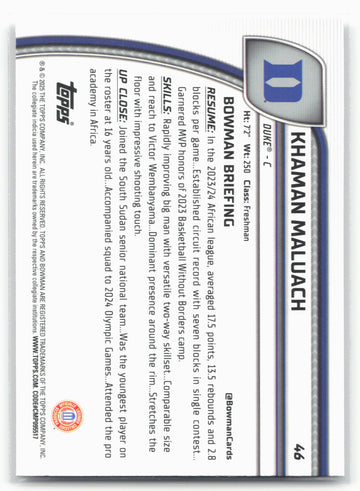 2024-25 Bowman University Chrome #46 Khaman Maluach 17865