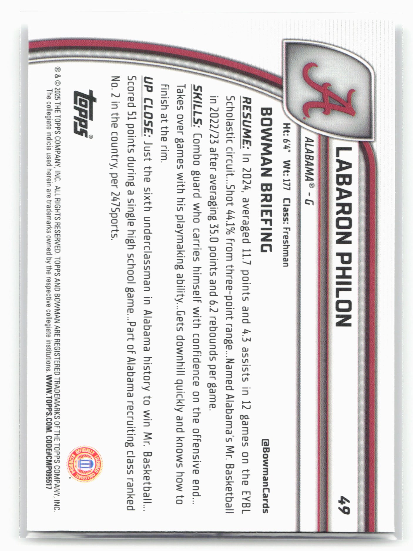 2024-25 Bowman University Chrome #49 Labaron Philon 17866