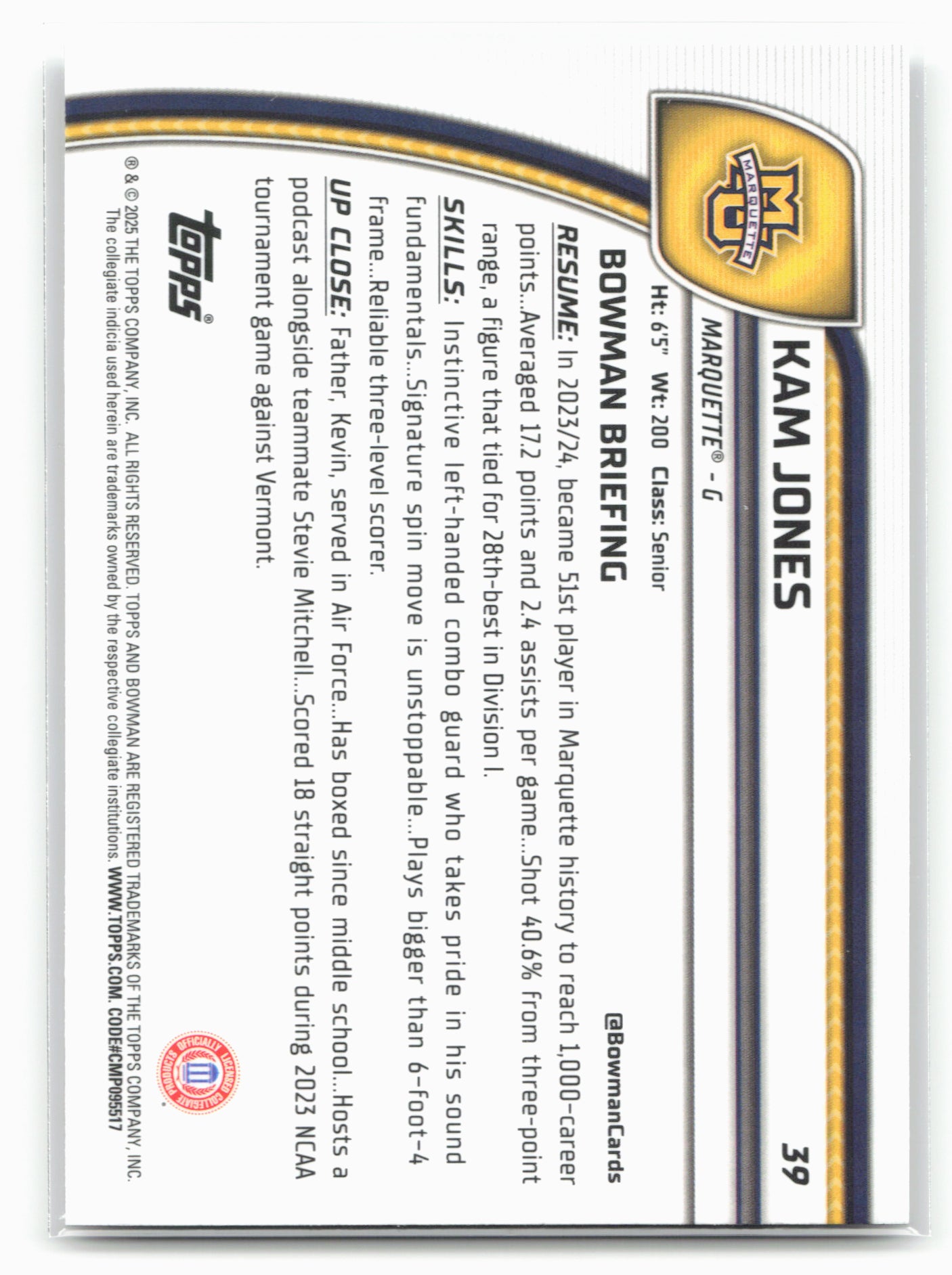 2024-25 Bowman University Chrome #39 Kam Jones 17868