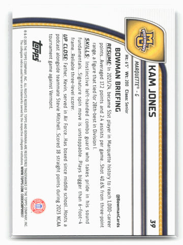 2024-25 Bowman University Chrome #39 Kam Jones 17868
