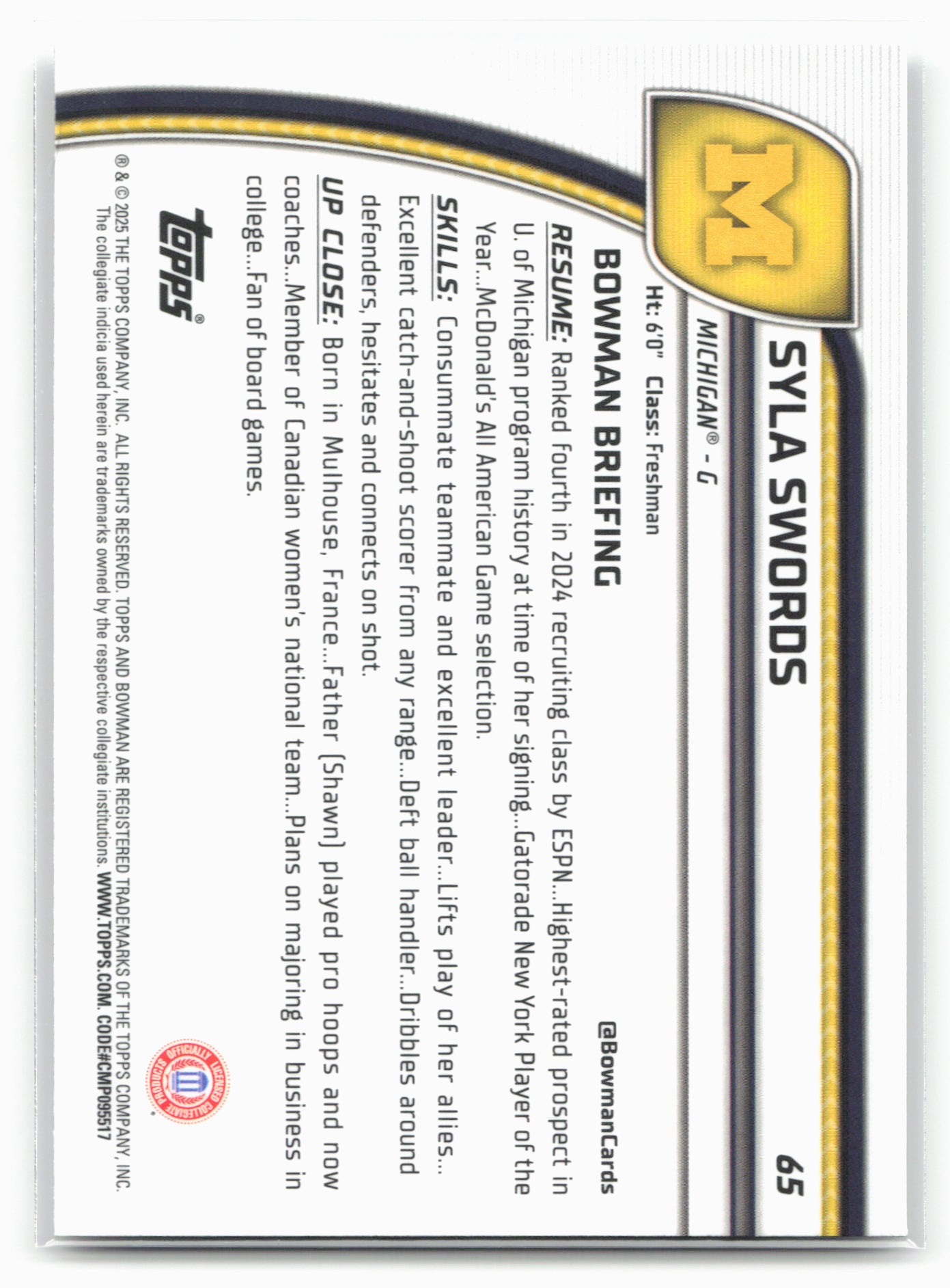 2024-25 Bowman University Chrome #65 Syla Swords 17869