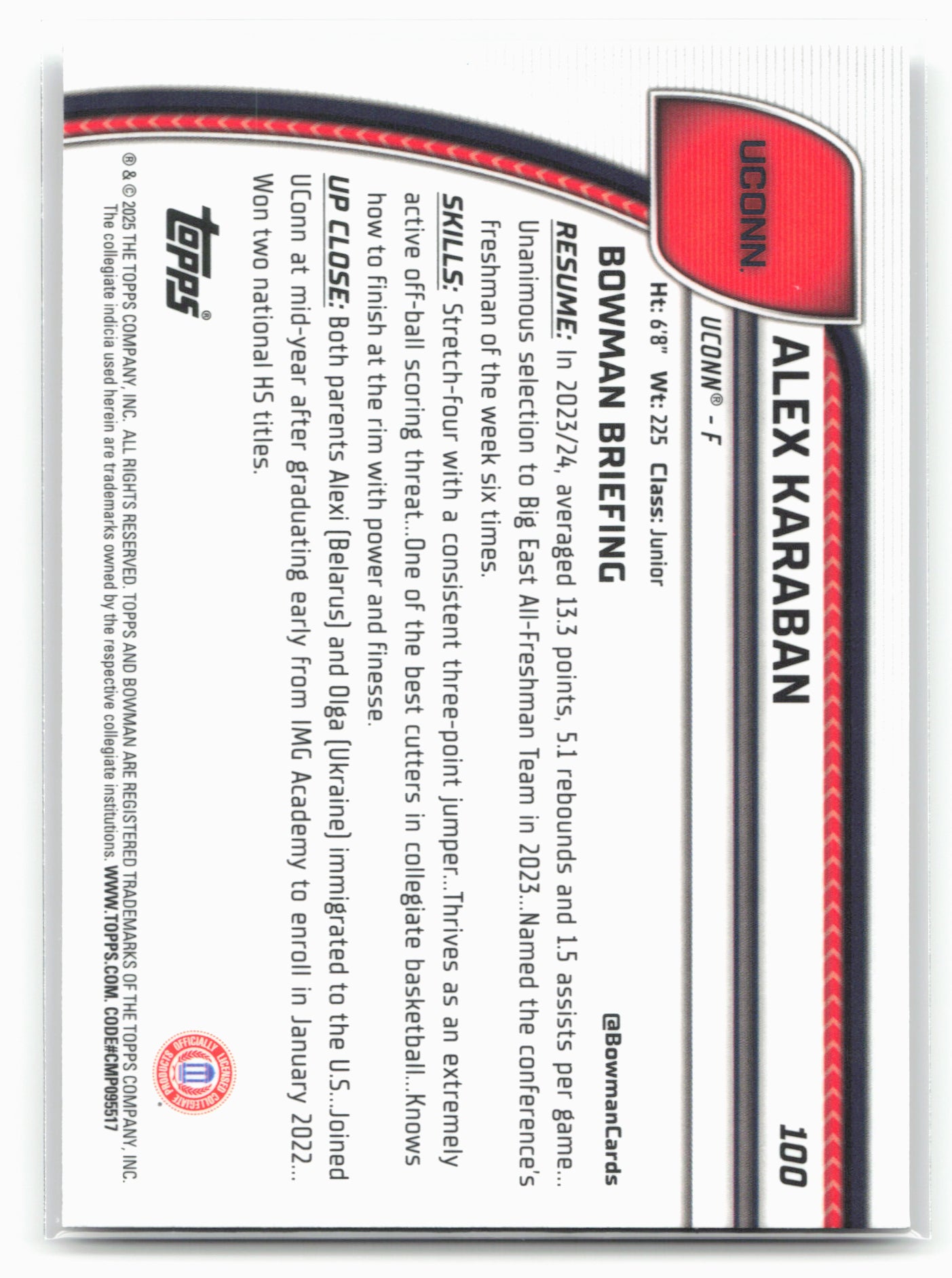 2024-25 Bowman University Chrome #100 Alex Karaban 17870