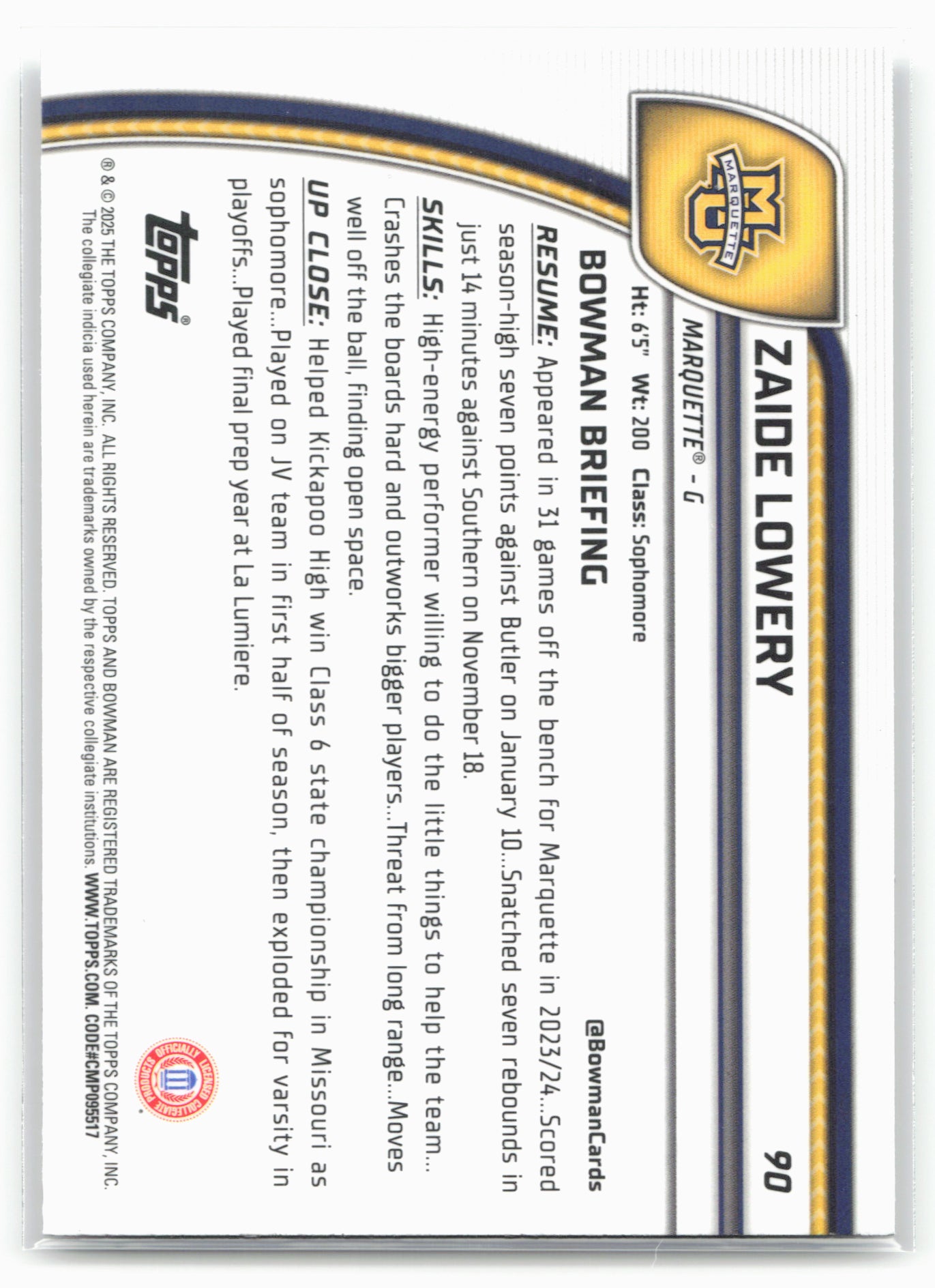 2024-25 Bowman University Chrome #90 Zaide Lowery 17872