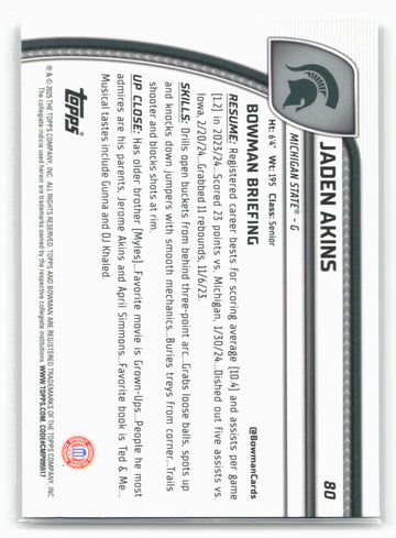 2024-25 Bowman University Chrome #80 Jaden Akins 17873