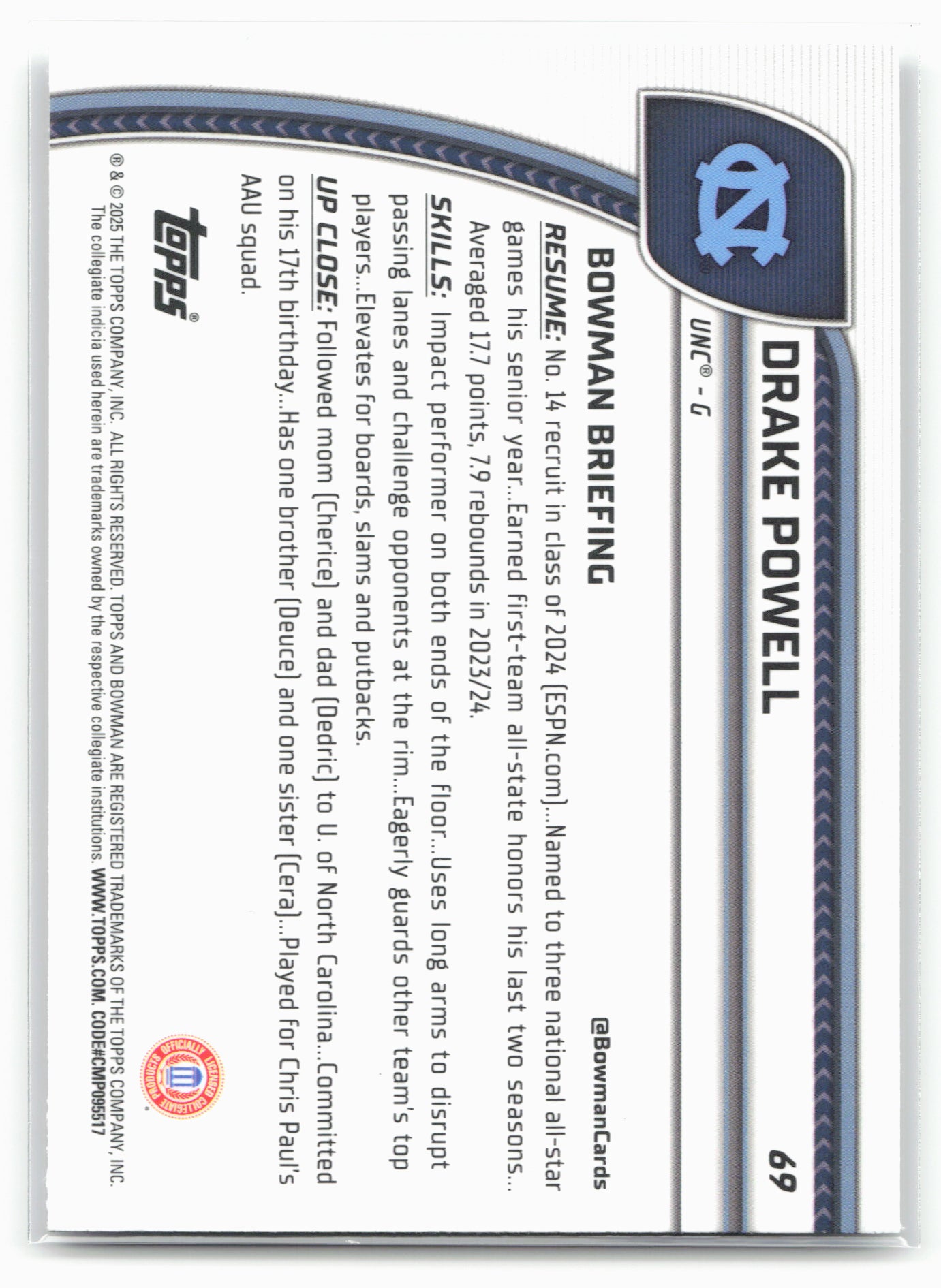 2024-25 Bowman University Chrome #69 Drake Powell 17874