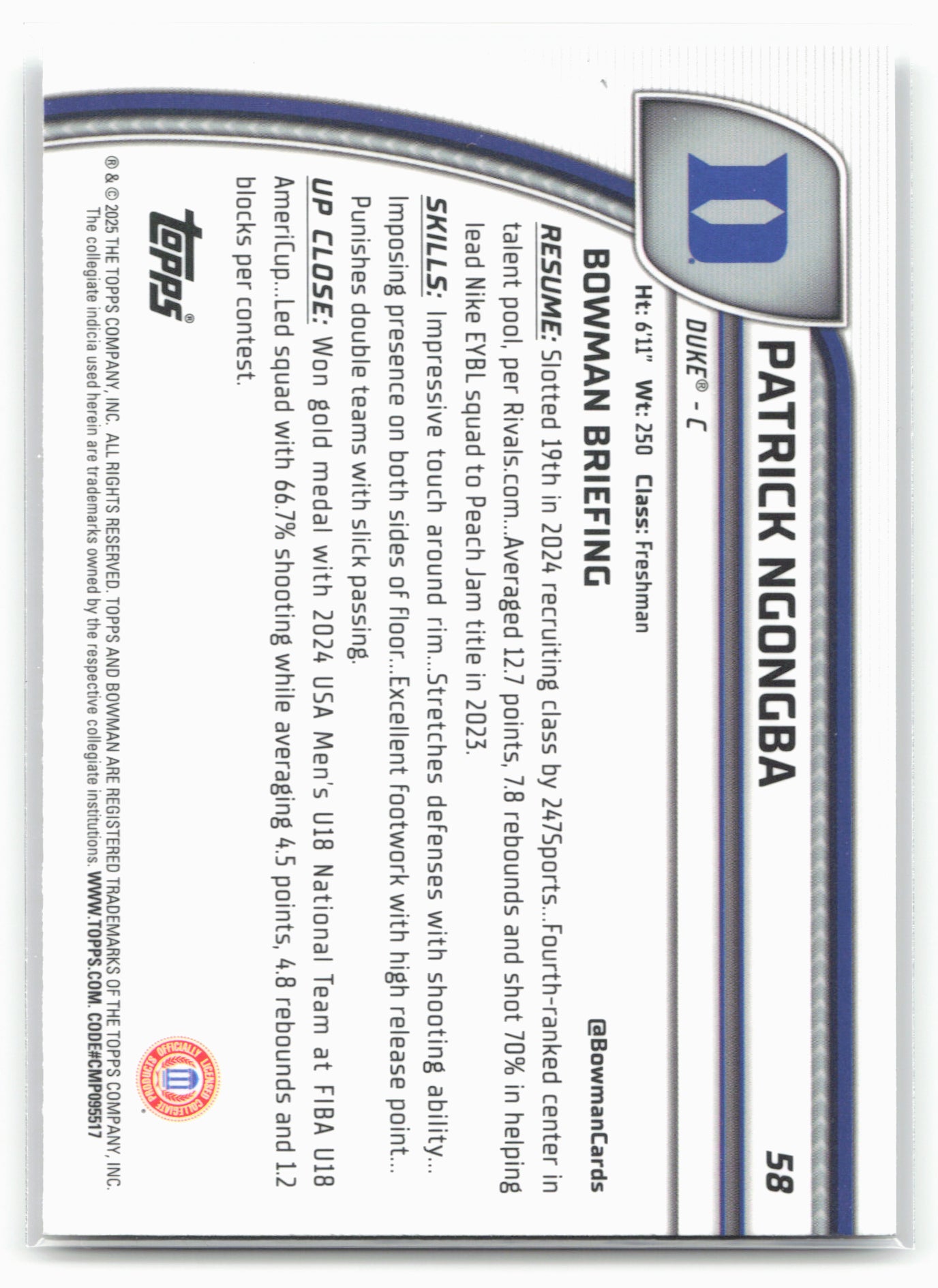 2024-25 Bowman University Chrome #58 Patrick Ngongba 17875