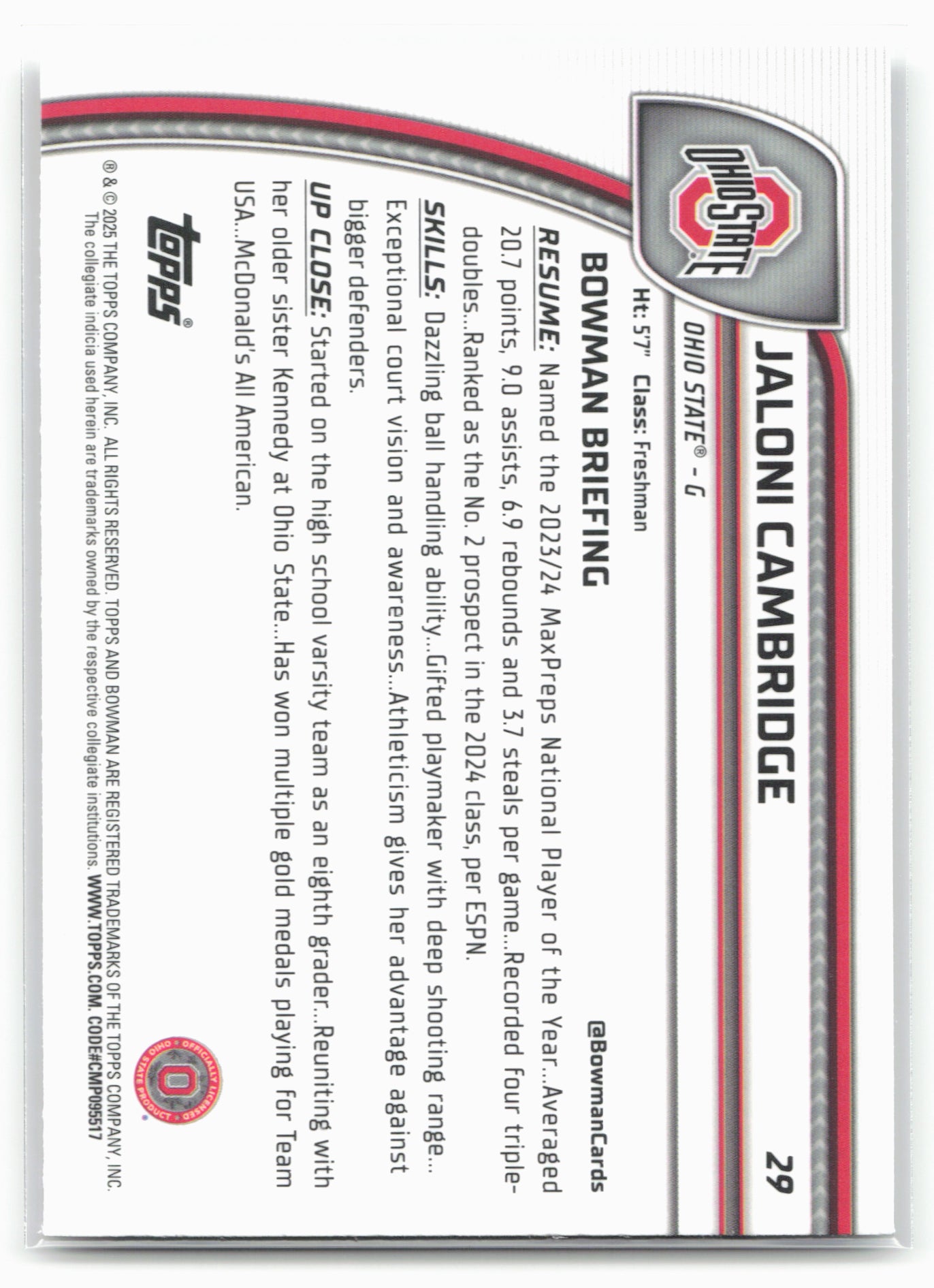 2024-25 Bowman University Chrome #29 Jaloni Cambridge 17877