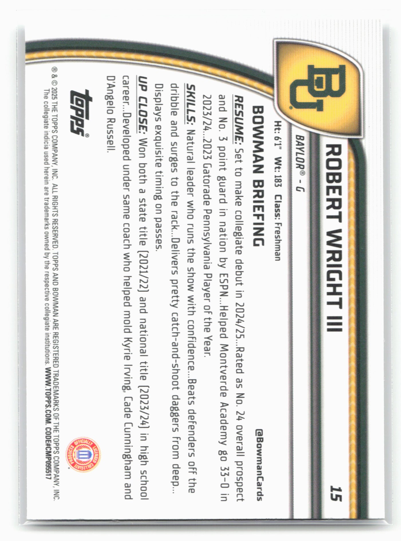 2024-25 Bowman University Chrome #15 Robert Wright III 17878