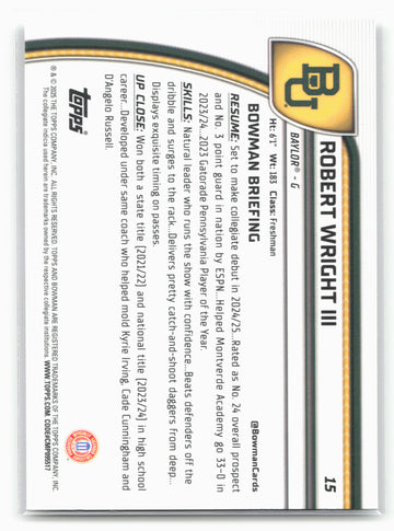 2024-25 Bowman University Chrome #15 Robert Wright III 17878