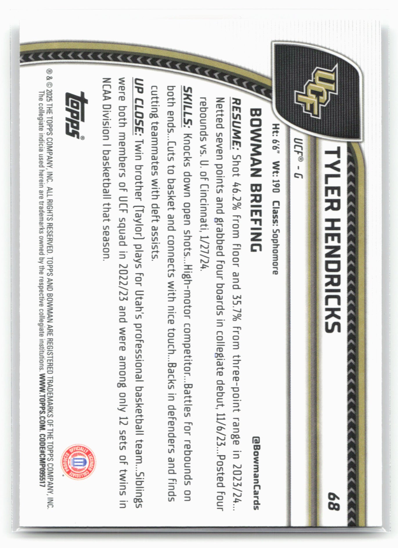 2024-25 Bowman University Chrome #68 Tyler Hendricks 17881