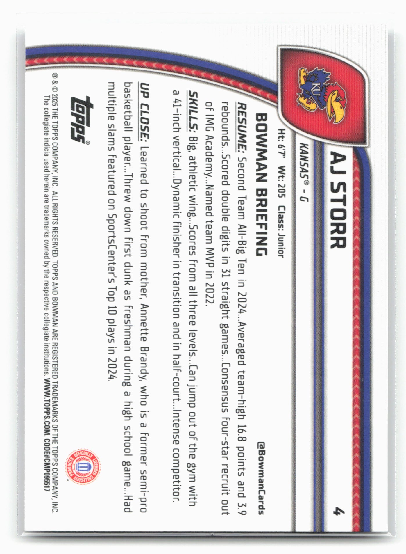 2024-25 Bowman University Chrome #4 AJ Storr 17883