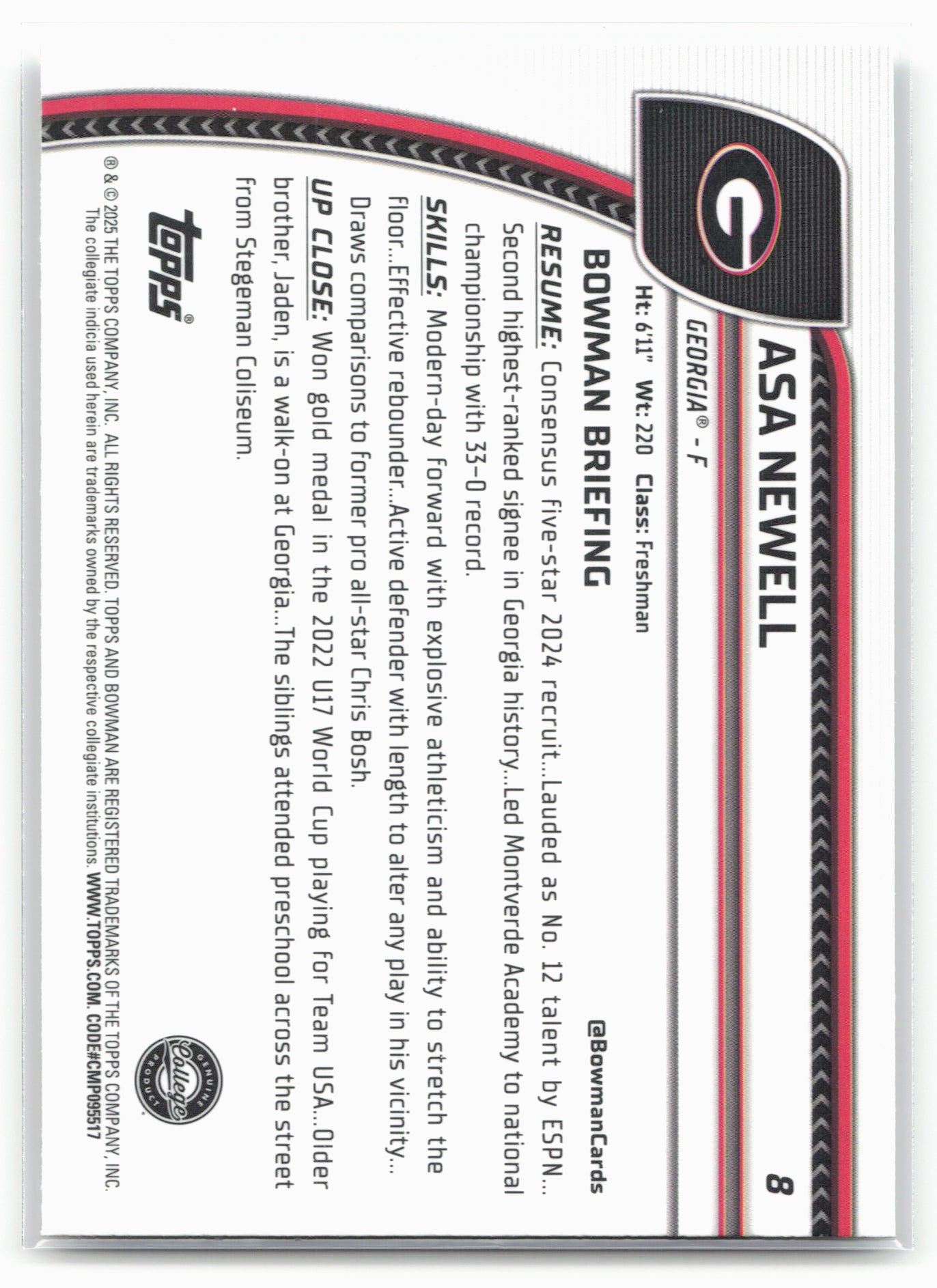 2024-25 Bowman University Chrome #8 Asa Newell 17886