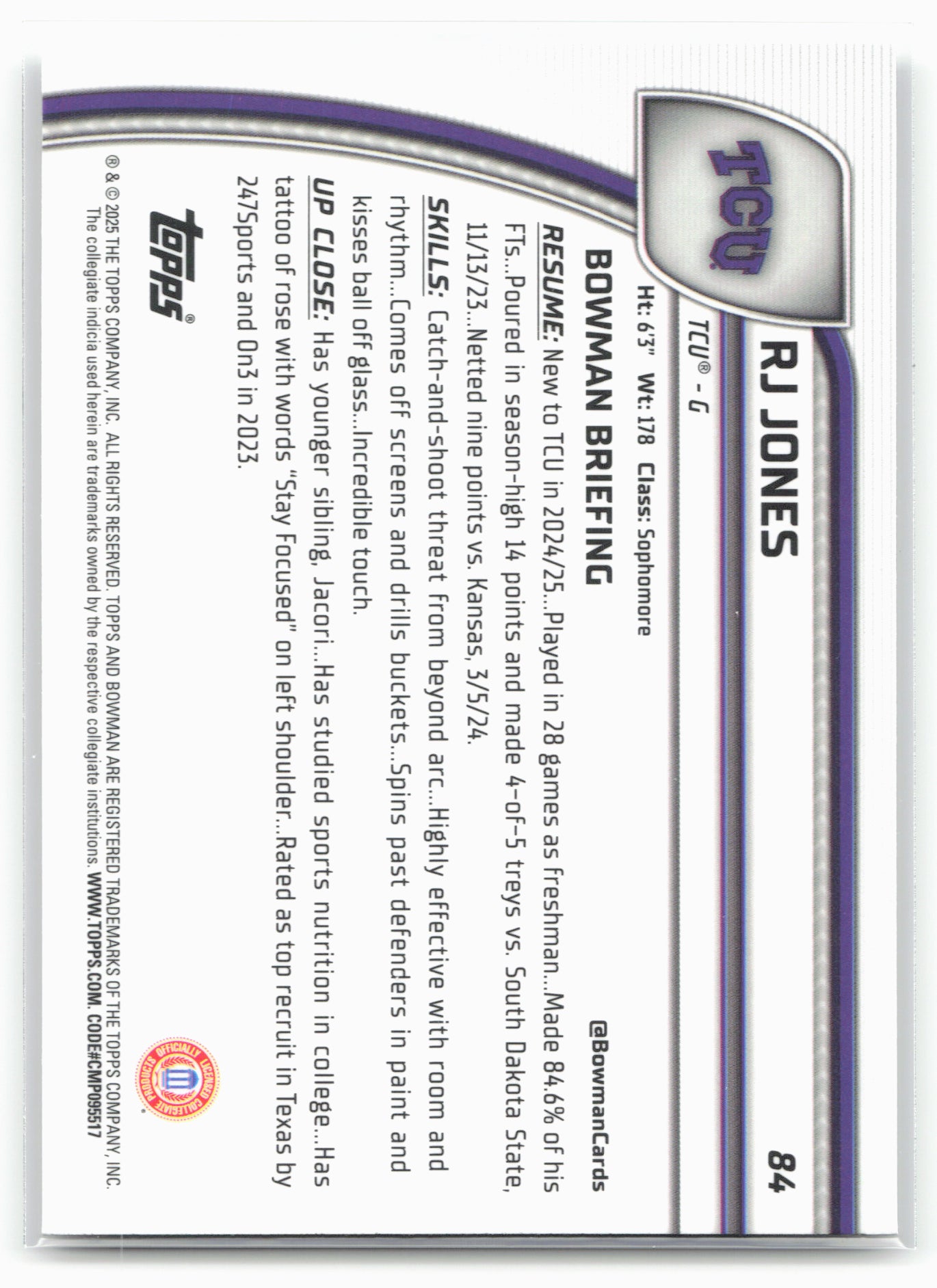 2024-25 Bowman University Chrome #84 RJ Jones 17888