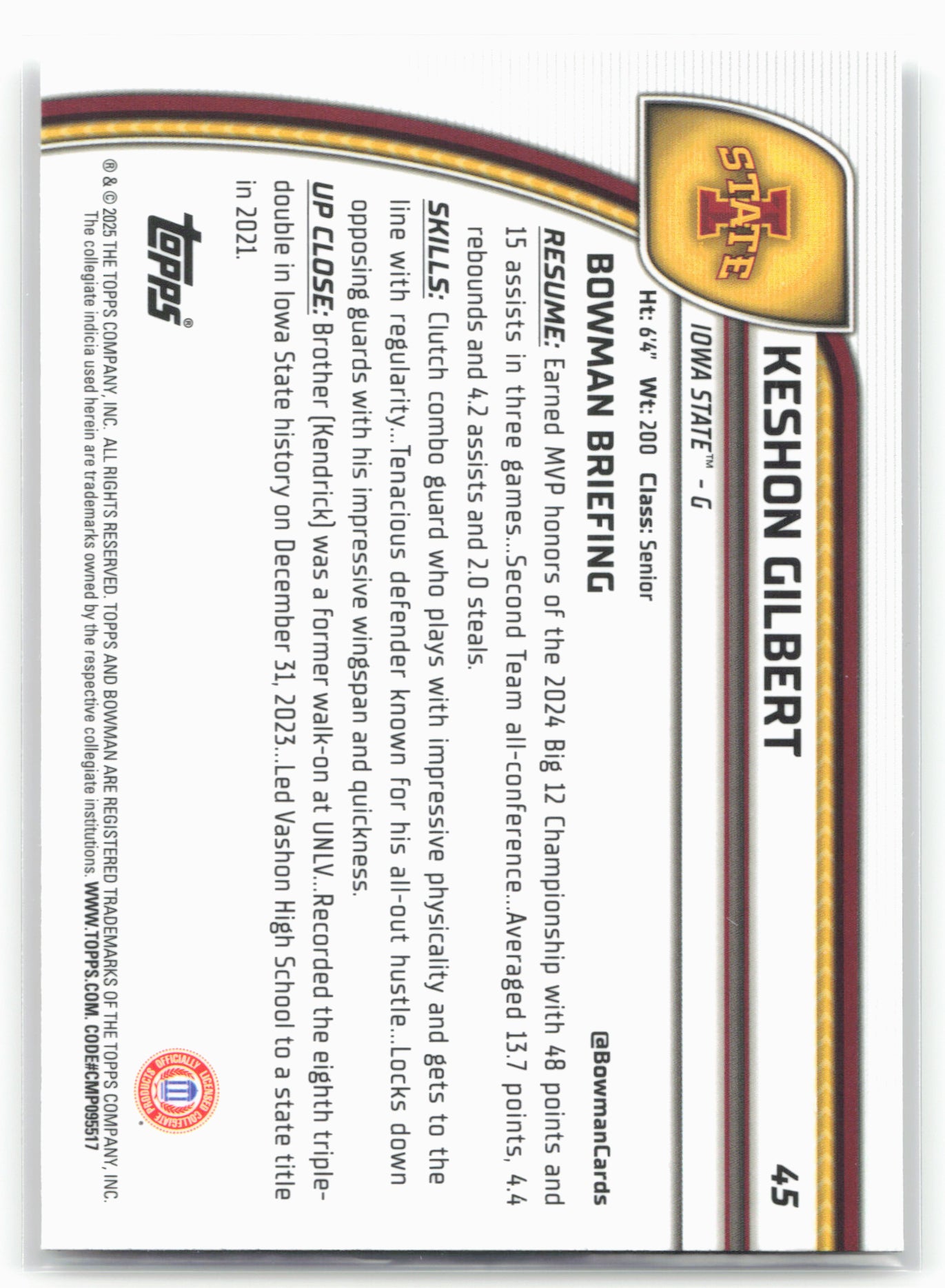 2024-25 Bowman University Chrome #45 Keshon Gilbert 17892