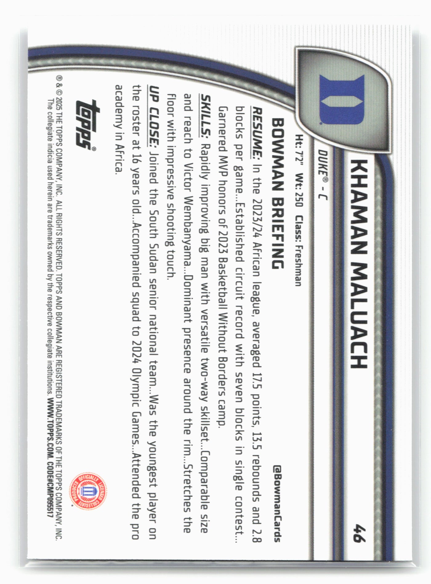 2024-25 Bowman University Chrome #46 Khaman Maluach 17893