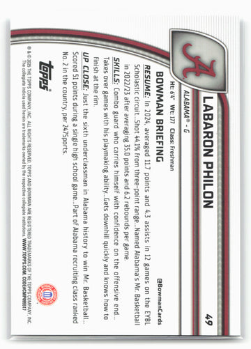 2024-25 Bowman University Chrome #49 Labaron Philon 17894