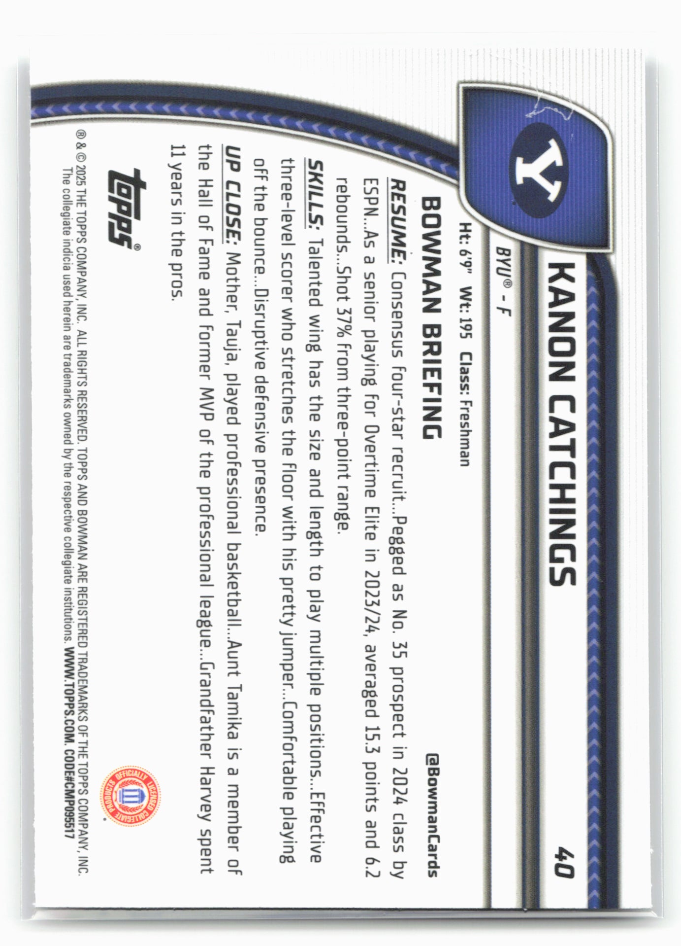 2024-25 Bowman University Chrome #40 Kanon Catchings 17897