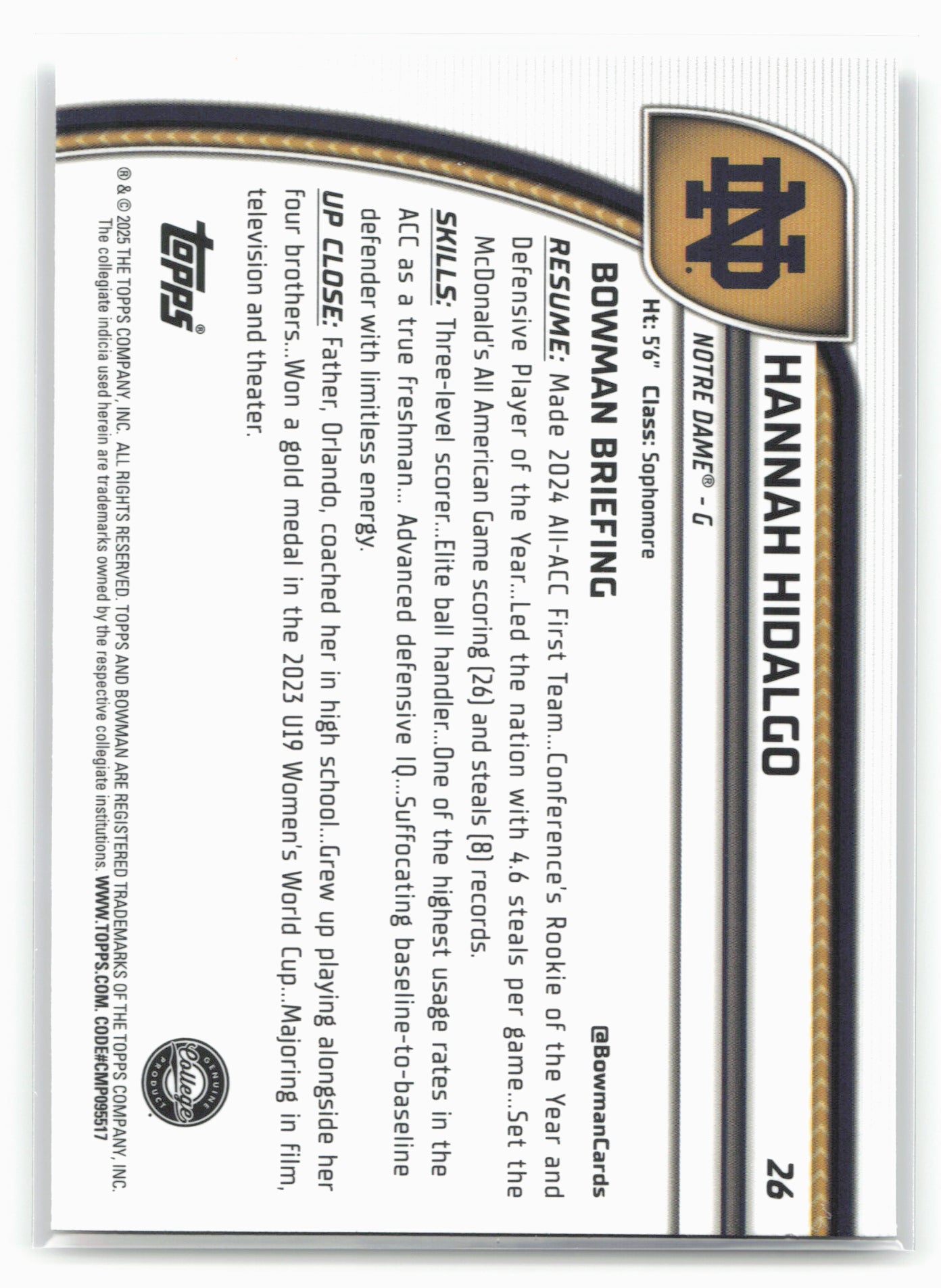 2024-25 Bowman University Chrome #26 Hannah Hidalgo 17900