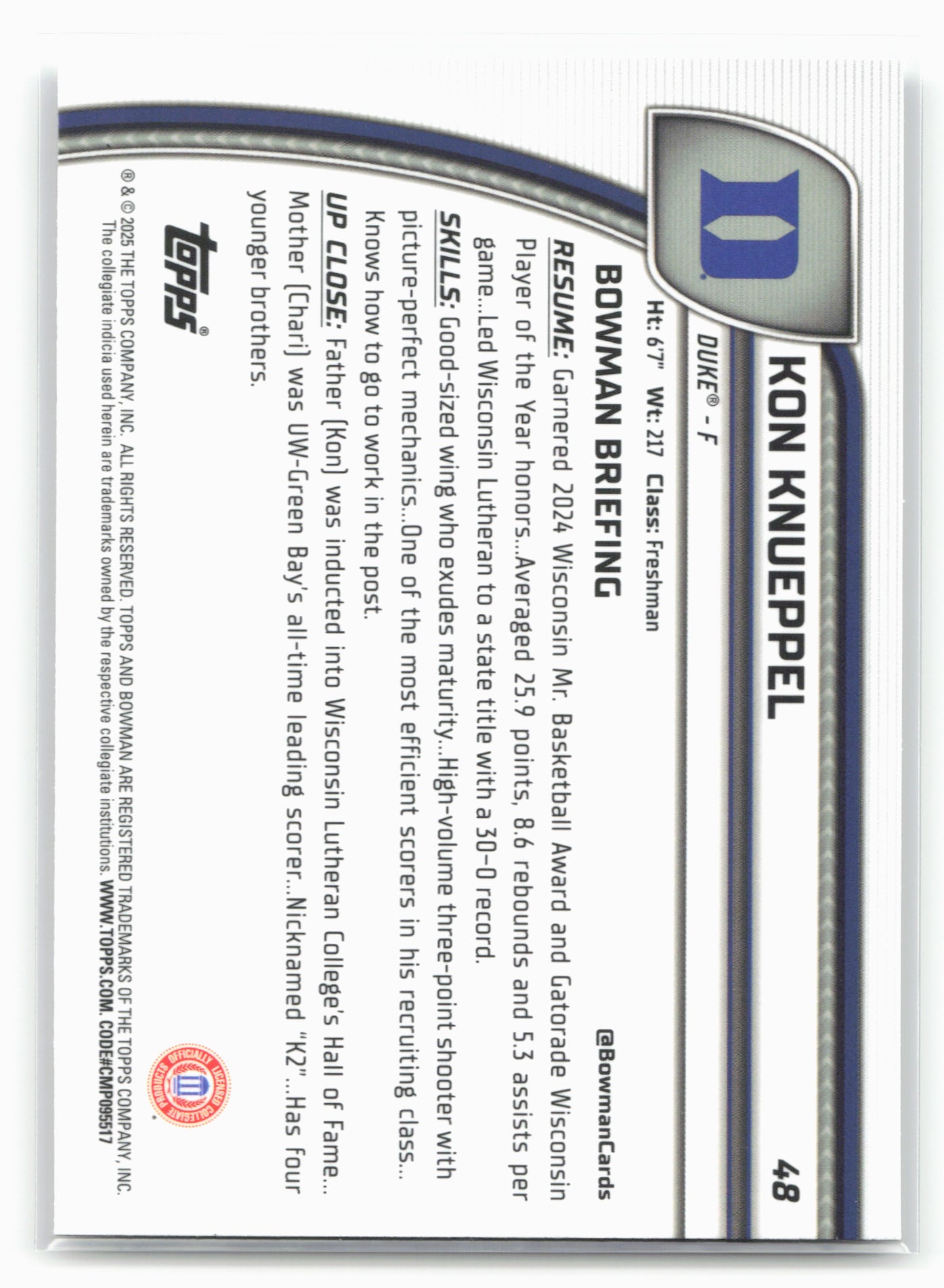 2024-25 Bowman University Chrome #48 Kon Knueppel 17902