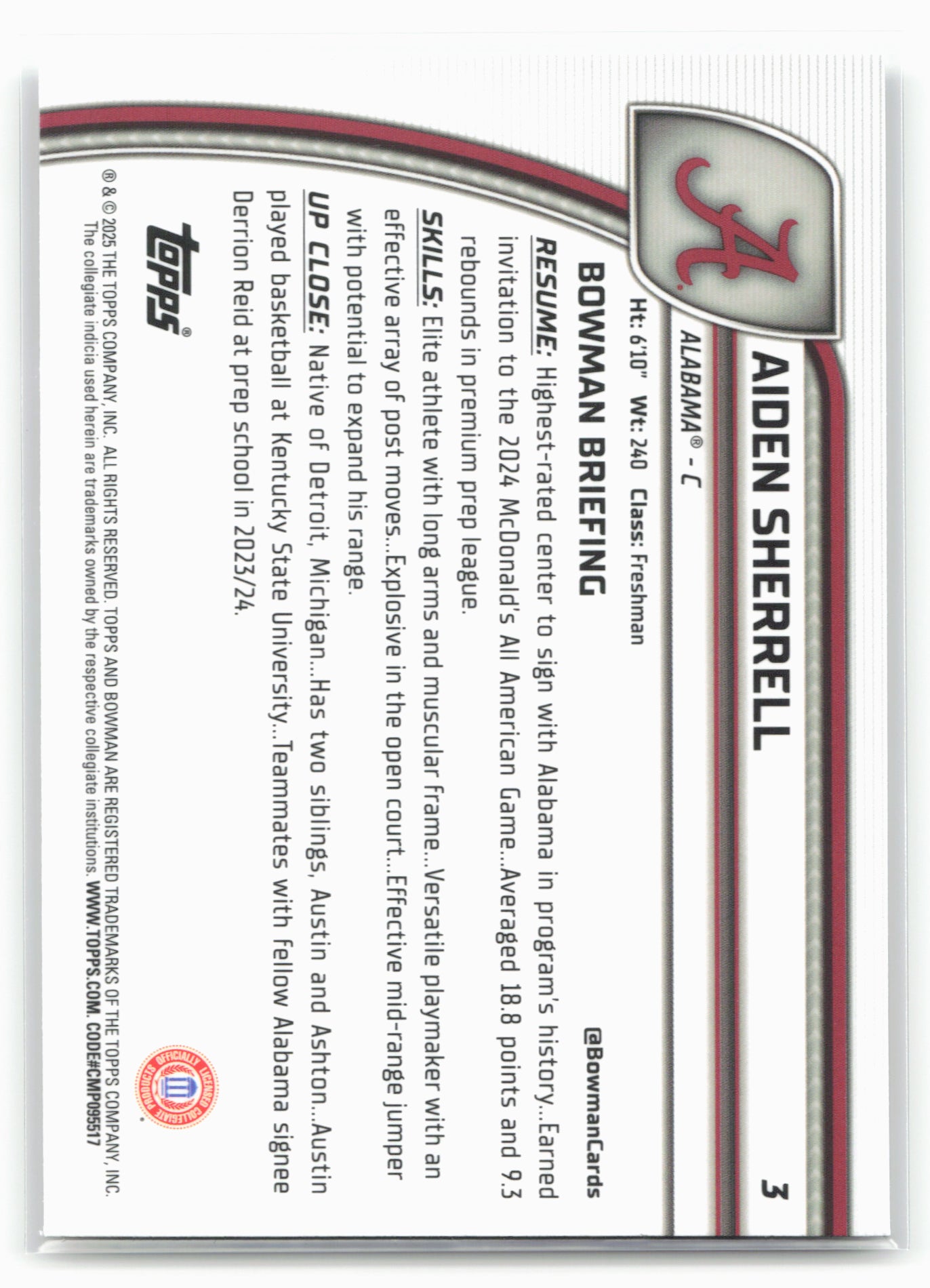 2024-25 Bowman University Chrome #3 Aiden Sherrell 17903