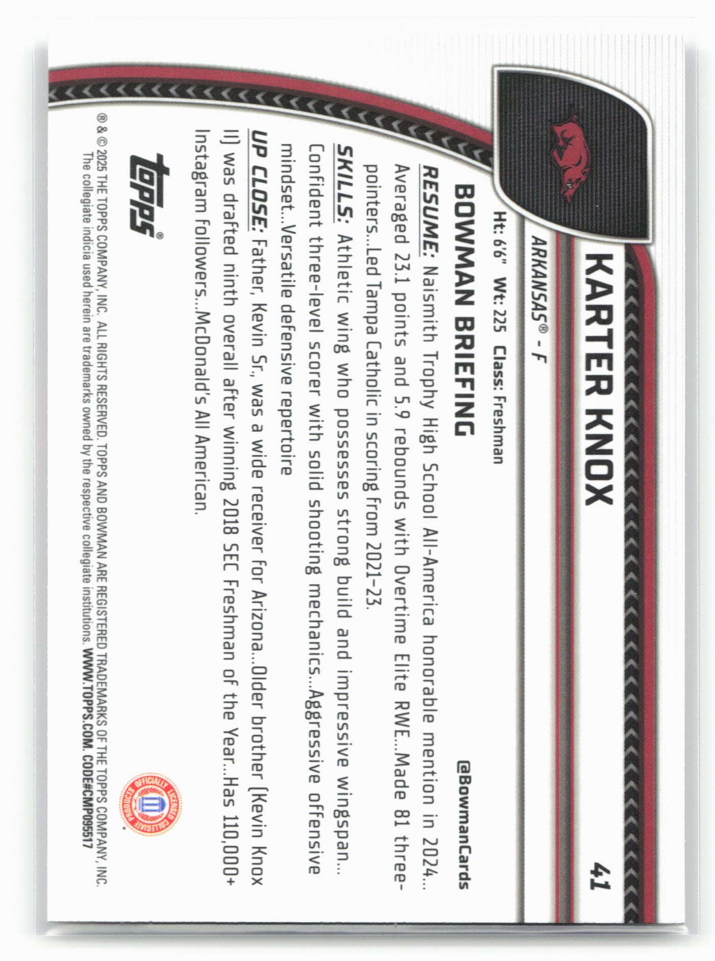 2024-25 Bowman University Chrome #41 Karter Knox 17904