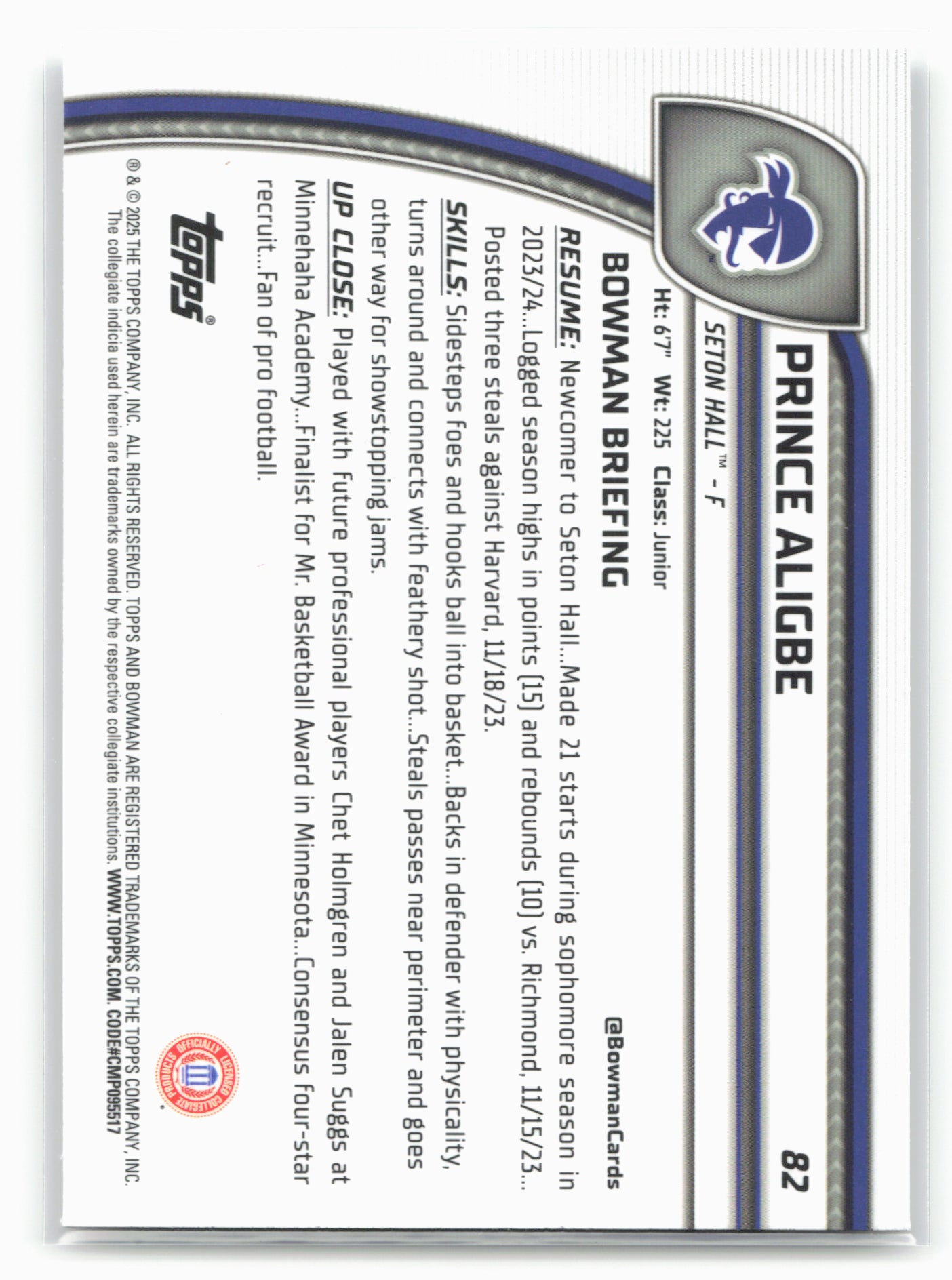 2024-25 Bowman University Chrome #82 Prince Aligbe 17905