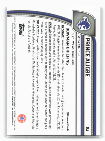 2024-25 Bowman University Chrome #82 Prince Aligbe 17905