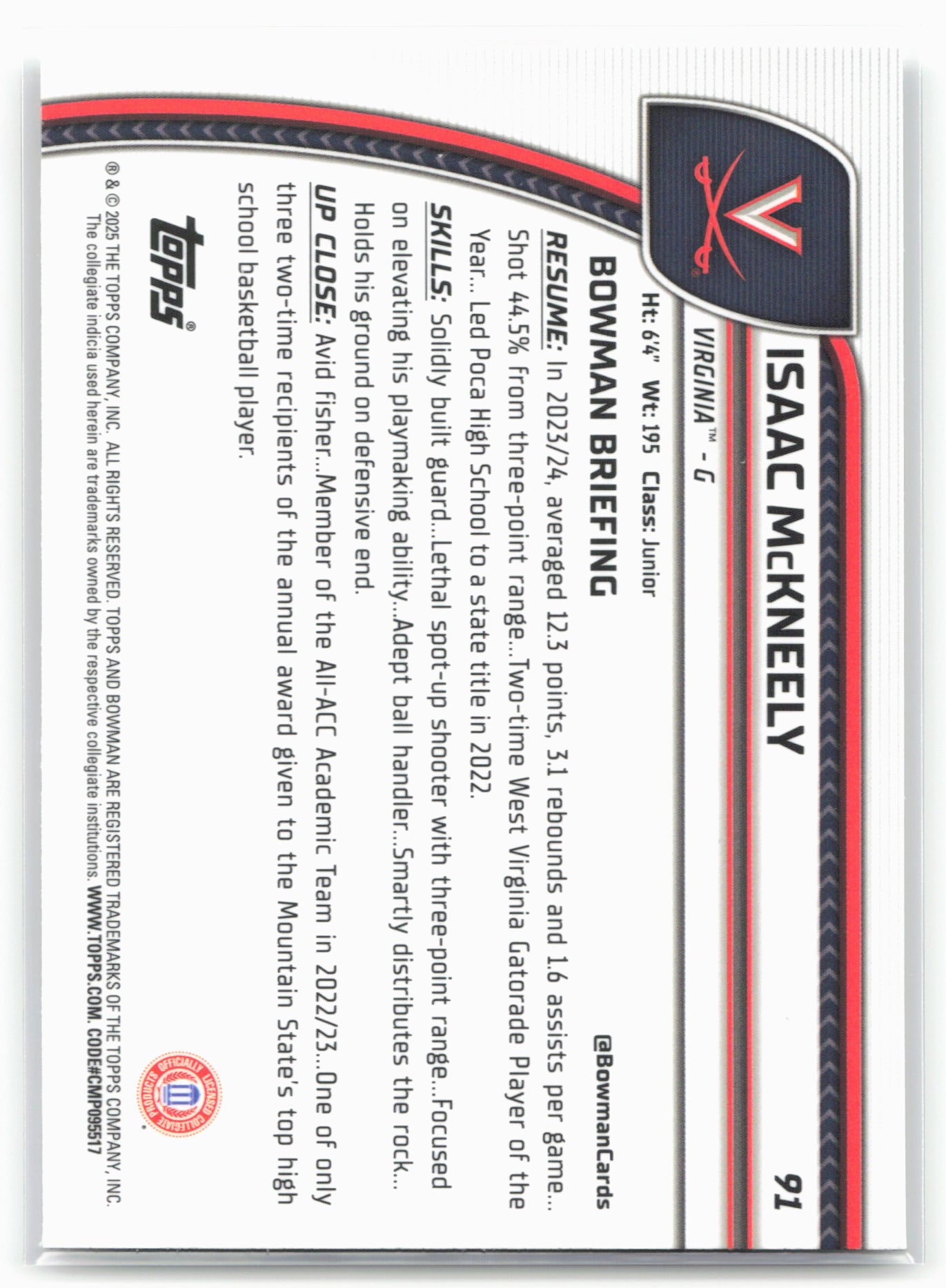 2024-25 Bowman University Chrome #91 Isaac McKneely 17906