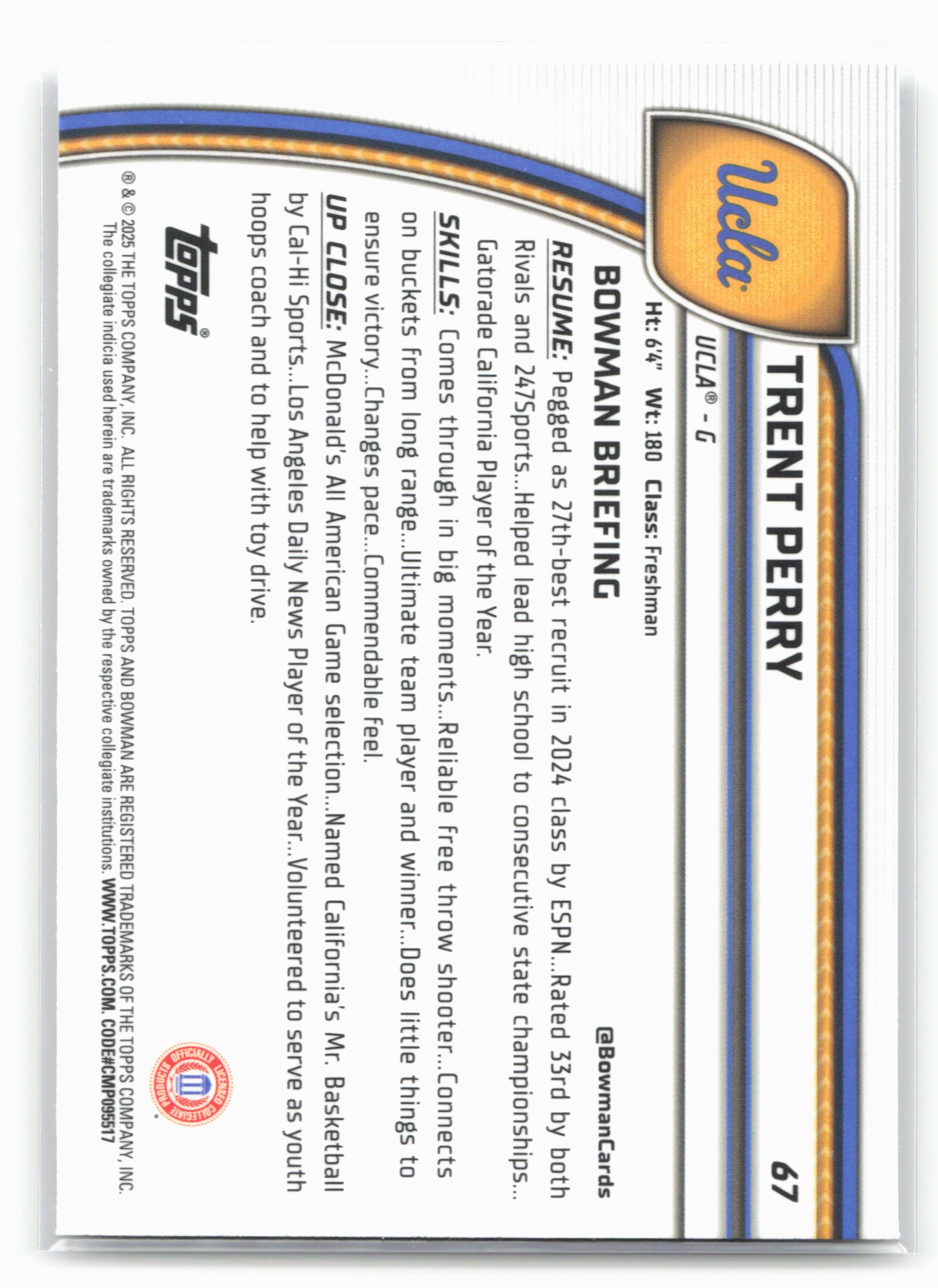 2024-25 Bowman University Chrome #67 Trent Perry 17909