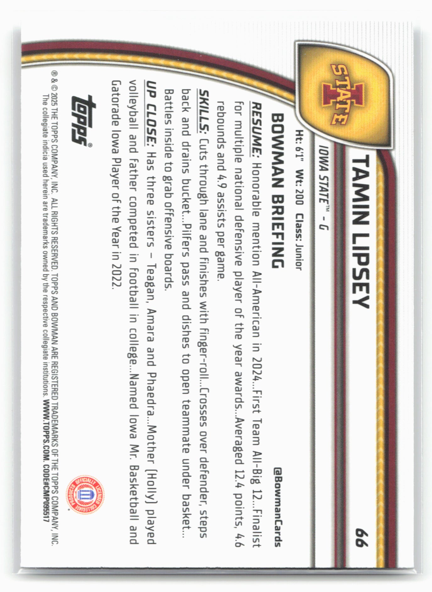 2024-25 Bowman University Chrome #66 Tamin Lipsey 17910