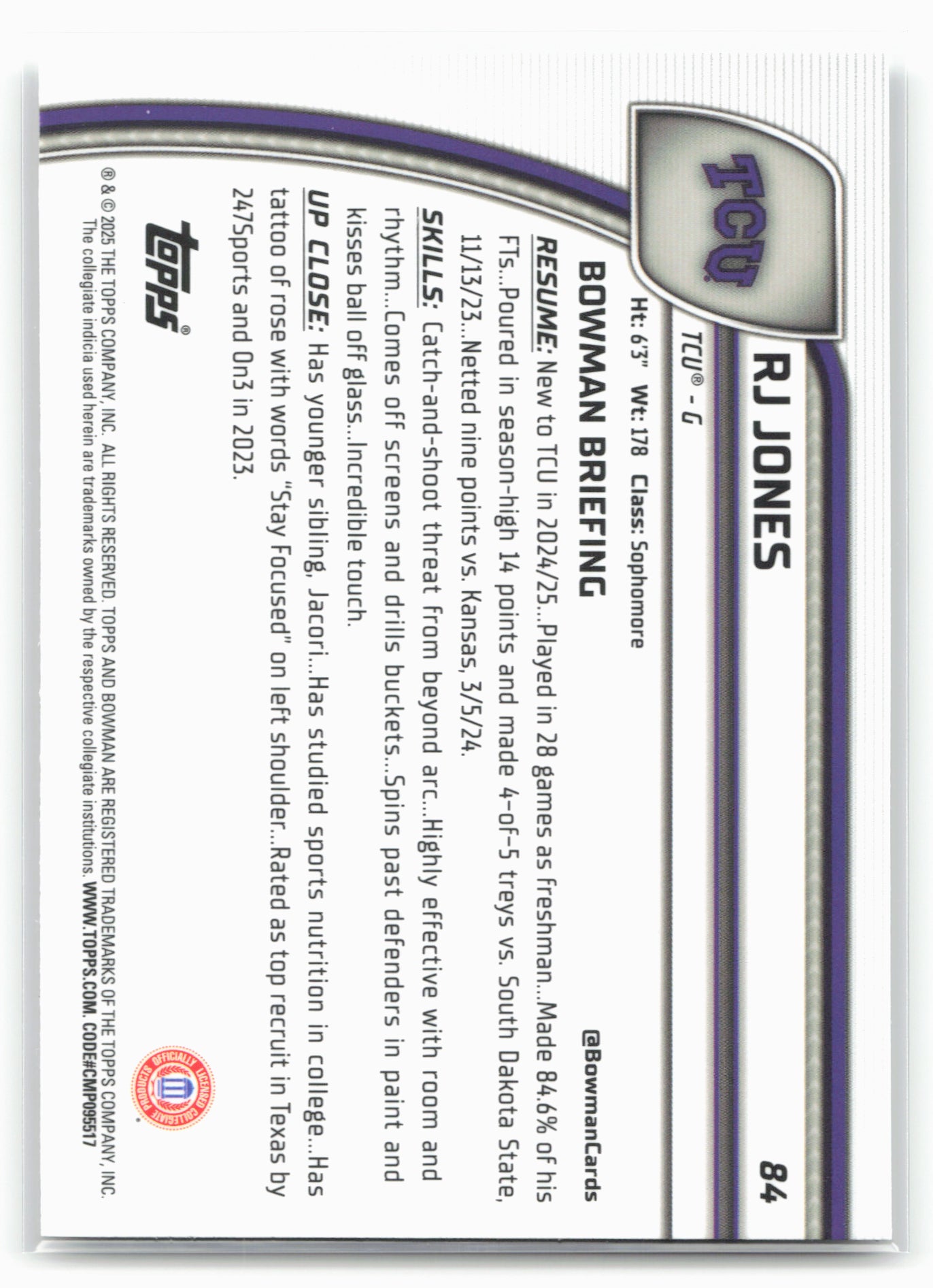 2024-25 Bowman University Chrome #84 RJ Jones 17911