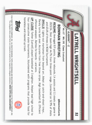 2024-25 Bowman University Chrome #51 Latrell Wrightsell Jr. 17914