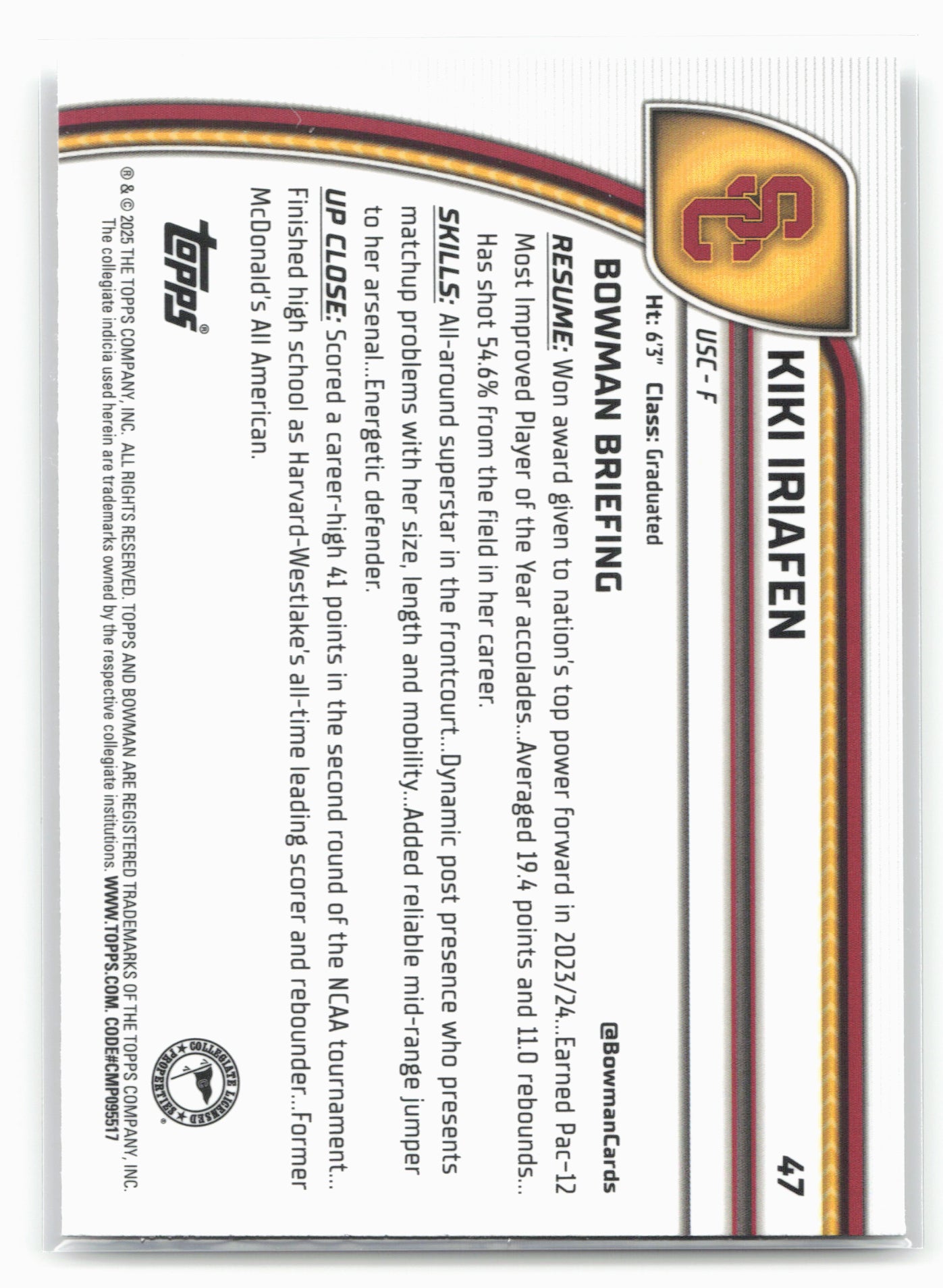 2024-25 Bowman University Chrome #47 Kiki Iriafen 17918