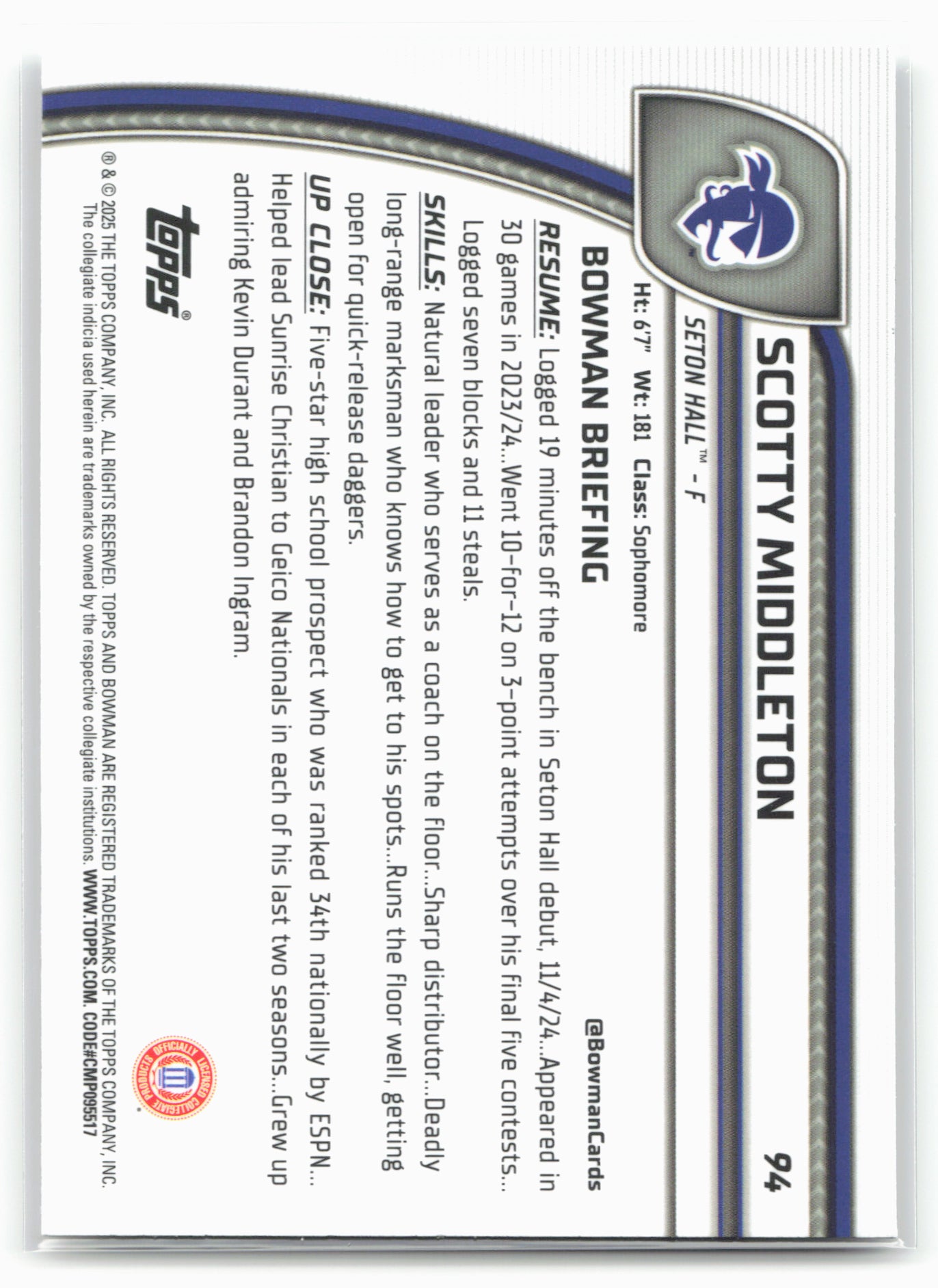 2024-25 Bowman University Chrome #94 Scotty Middleton 17922