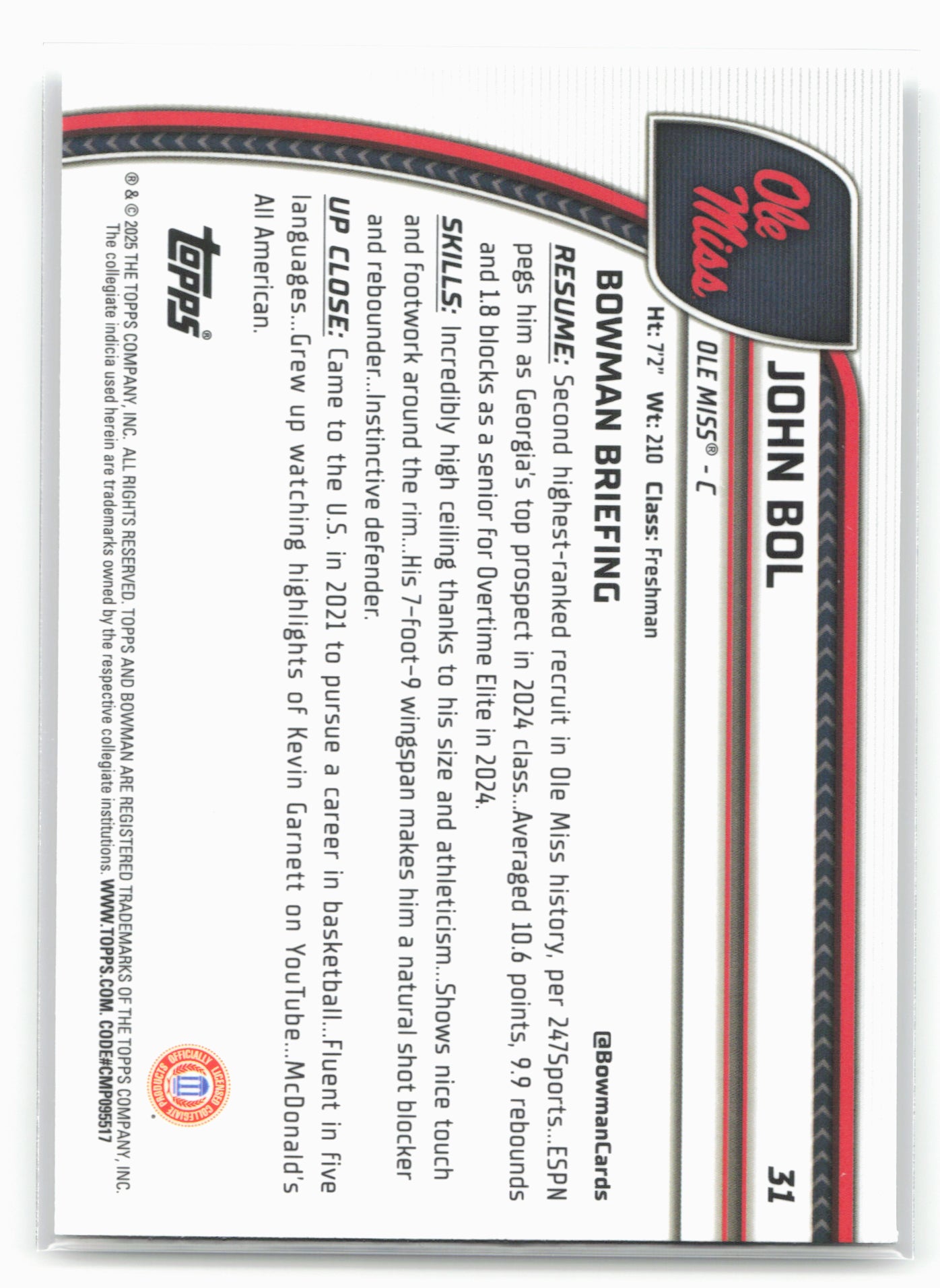 2024-25 Bowman University Chrome #31 John Bol 17923