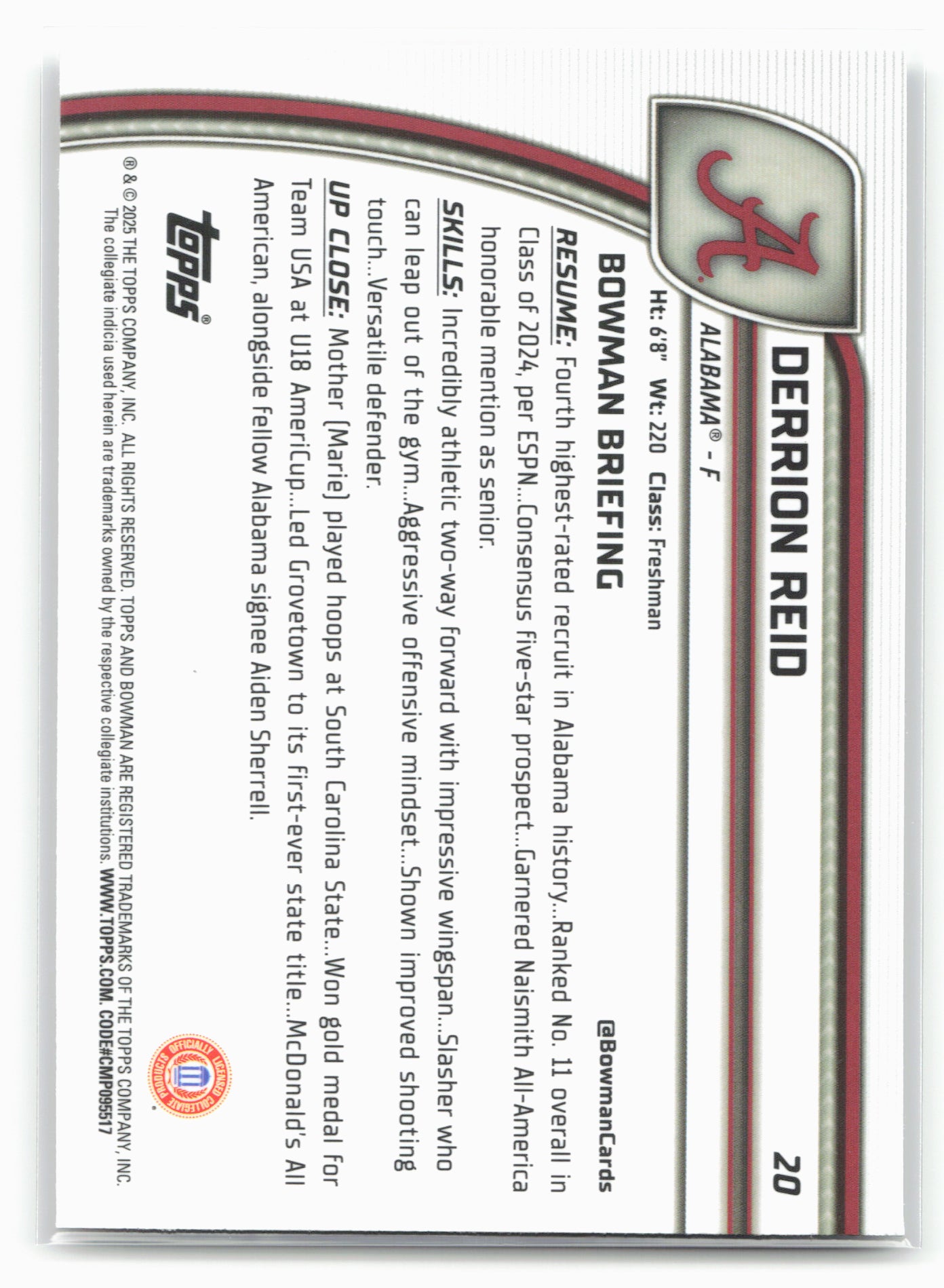 2024-25 Bowman University Chrome #20 Derrion Reid 17924