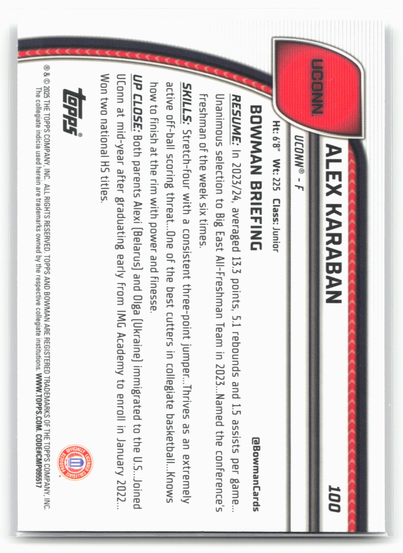 2024-25 Bowman University Chrome #100 Alex Karaban 17925