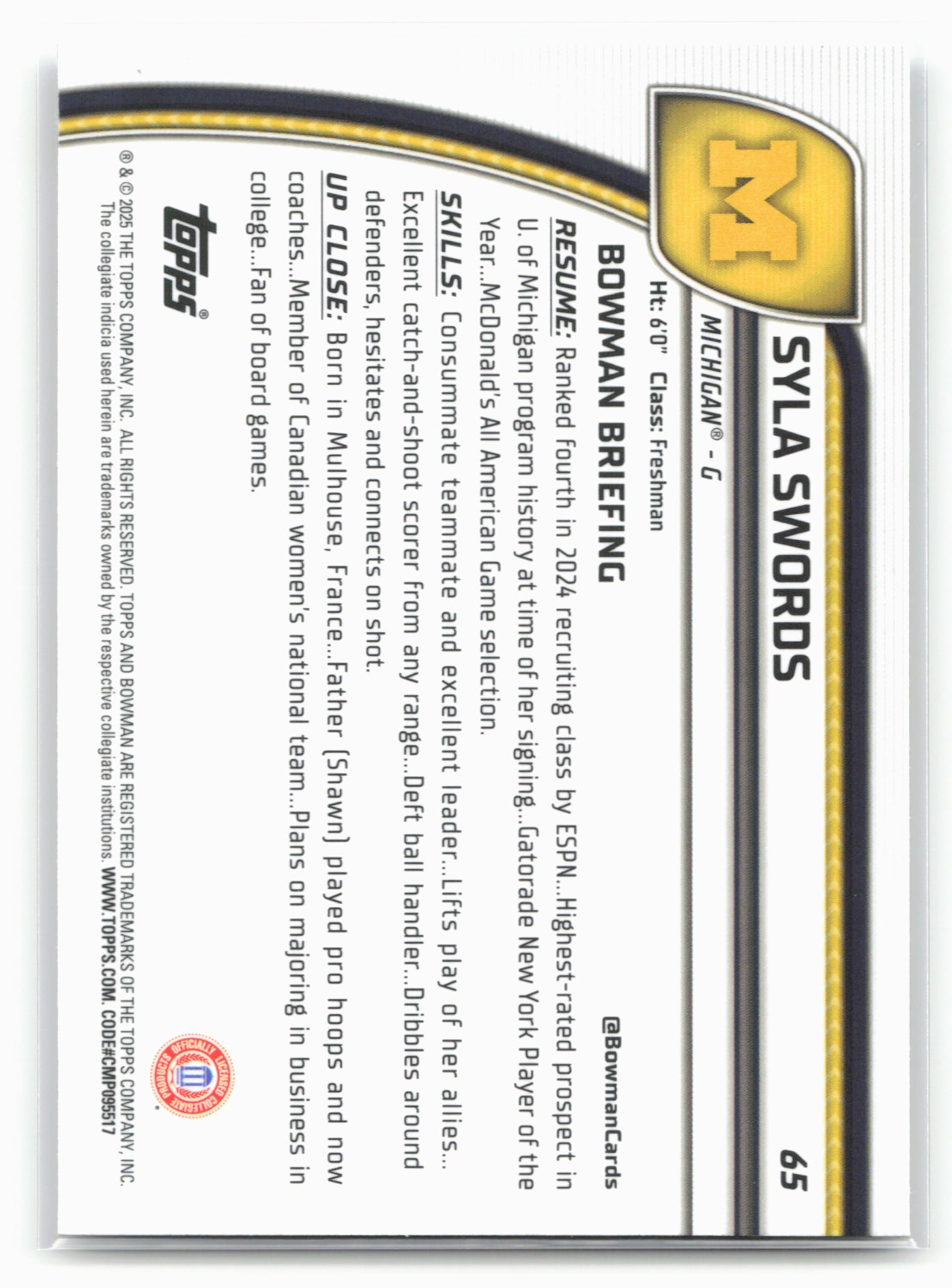 2024-25 Bowman University Chrome #65 Syla Swords 17928