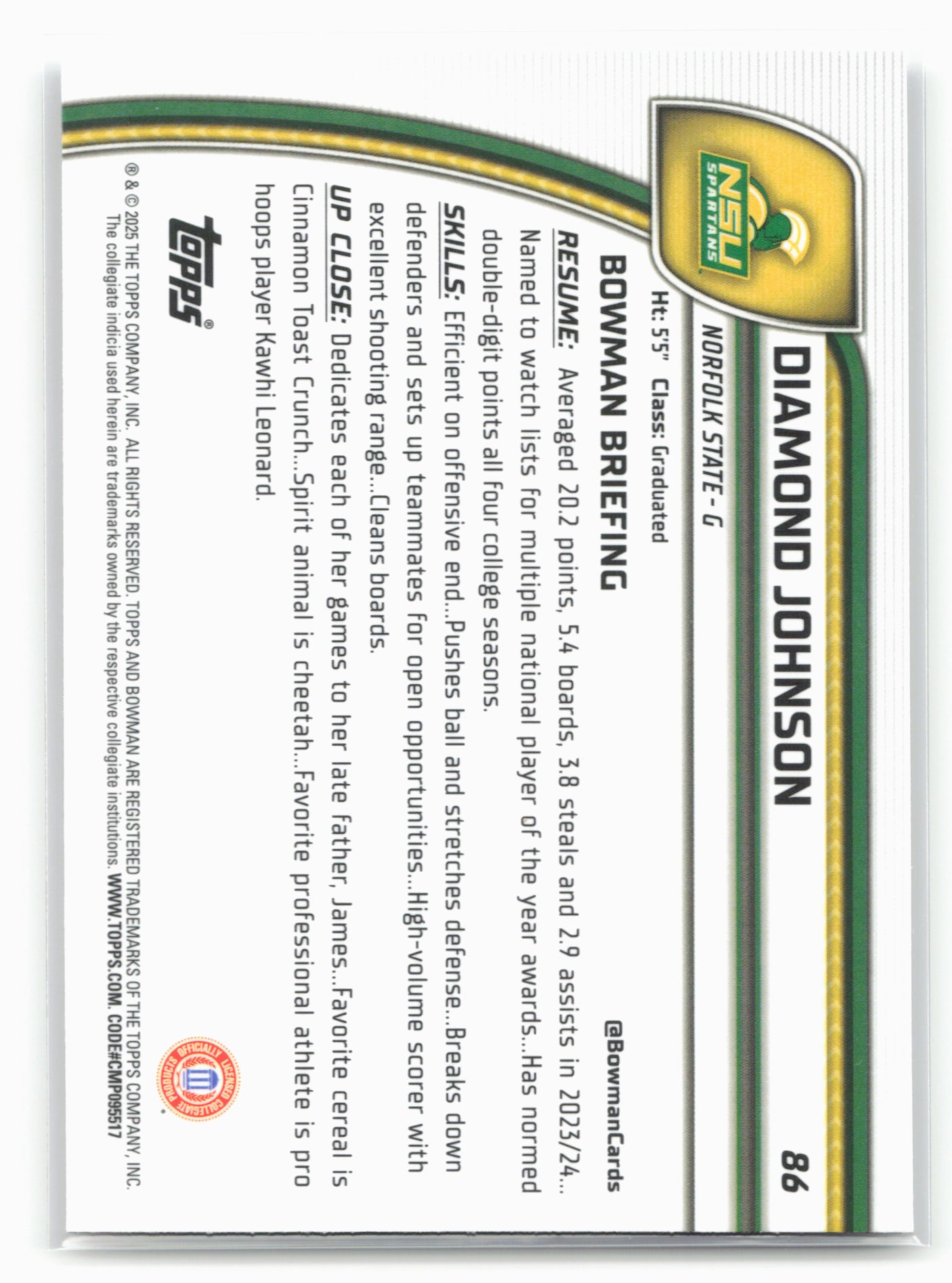 2024-25 Bowman University Chrome #86 Diamond Johnson 17929