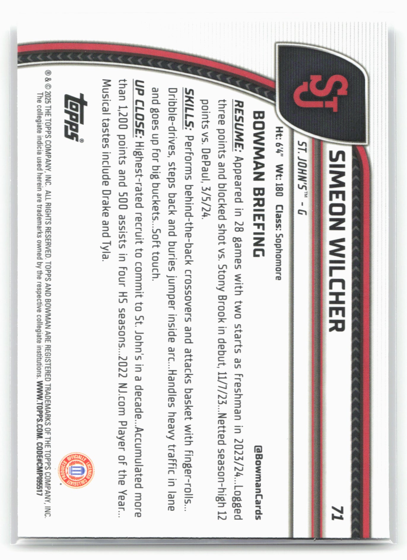 2024-25 Bowman University Chrome #71 Simeon Wilcher 17930