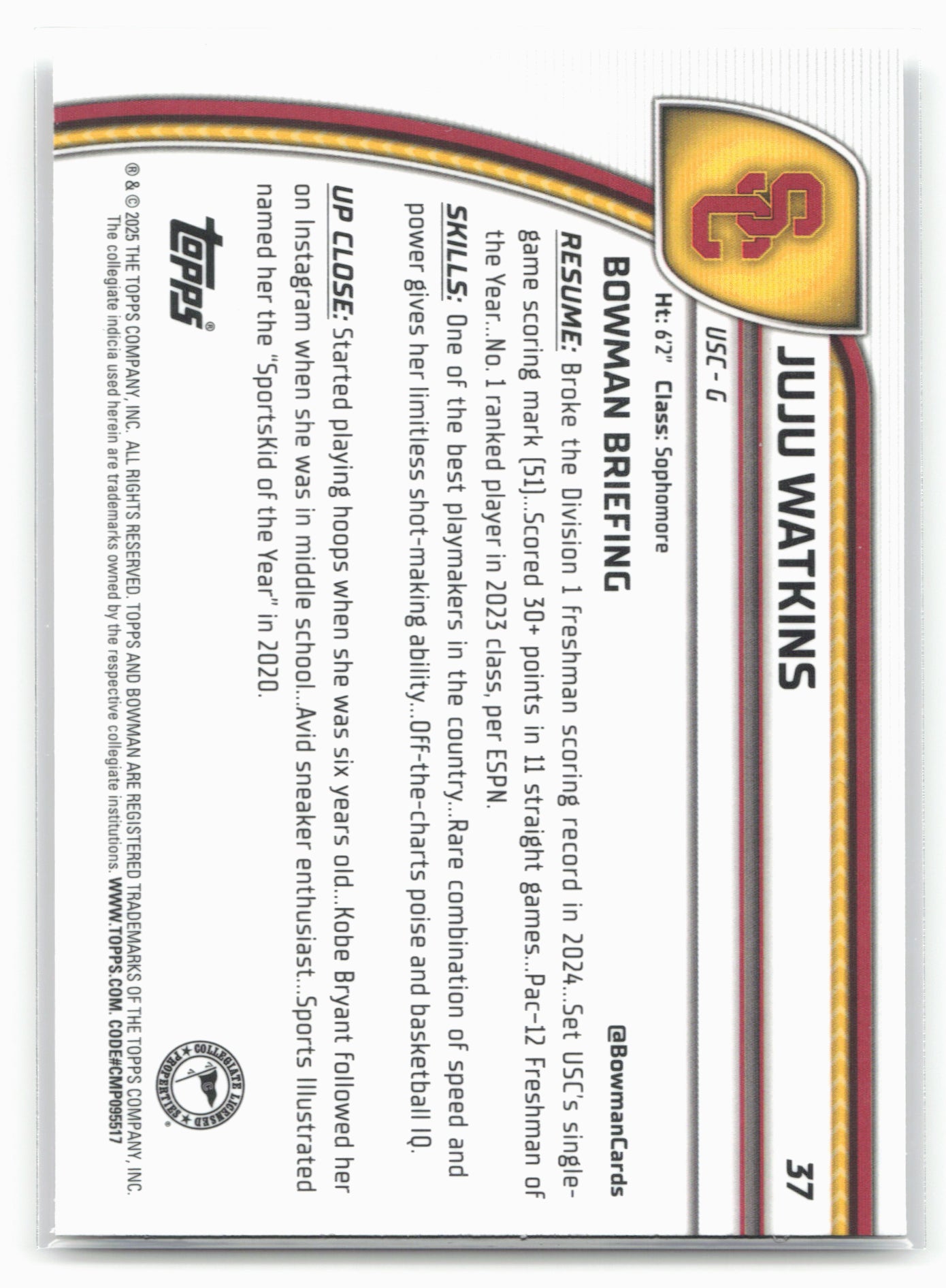 2024-25 Bowman University Chrome #37 Juju Watkins X-Fractor 17932