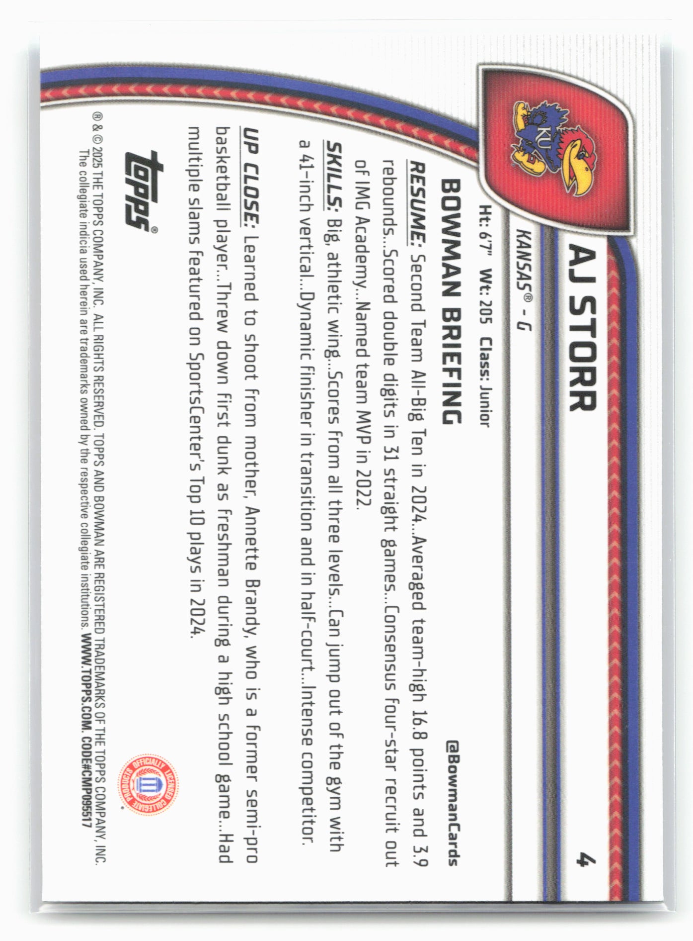 2024-25 Bowman University Chrome #4 AJ Storr Sky Blue Refractor 17934