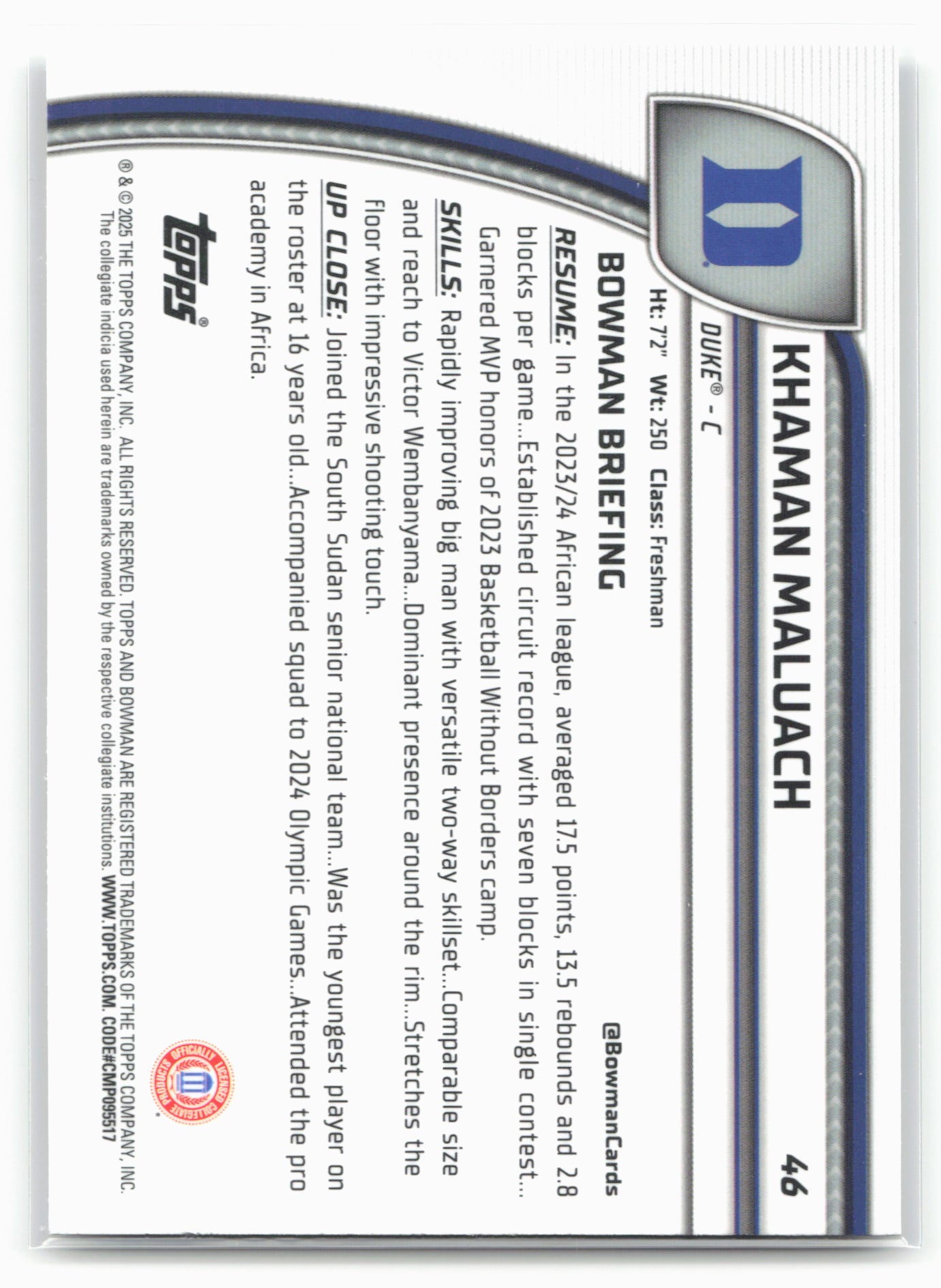 2024-25 Bowman University Chrome #46 Khaman Maluach X-Fractor 17939