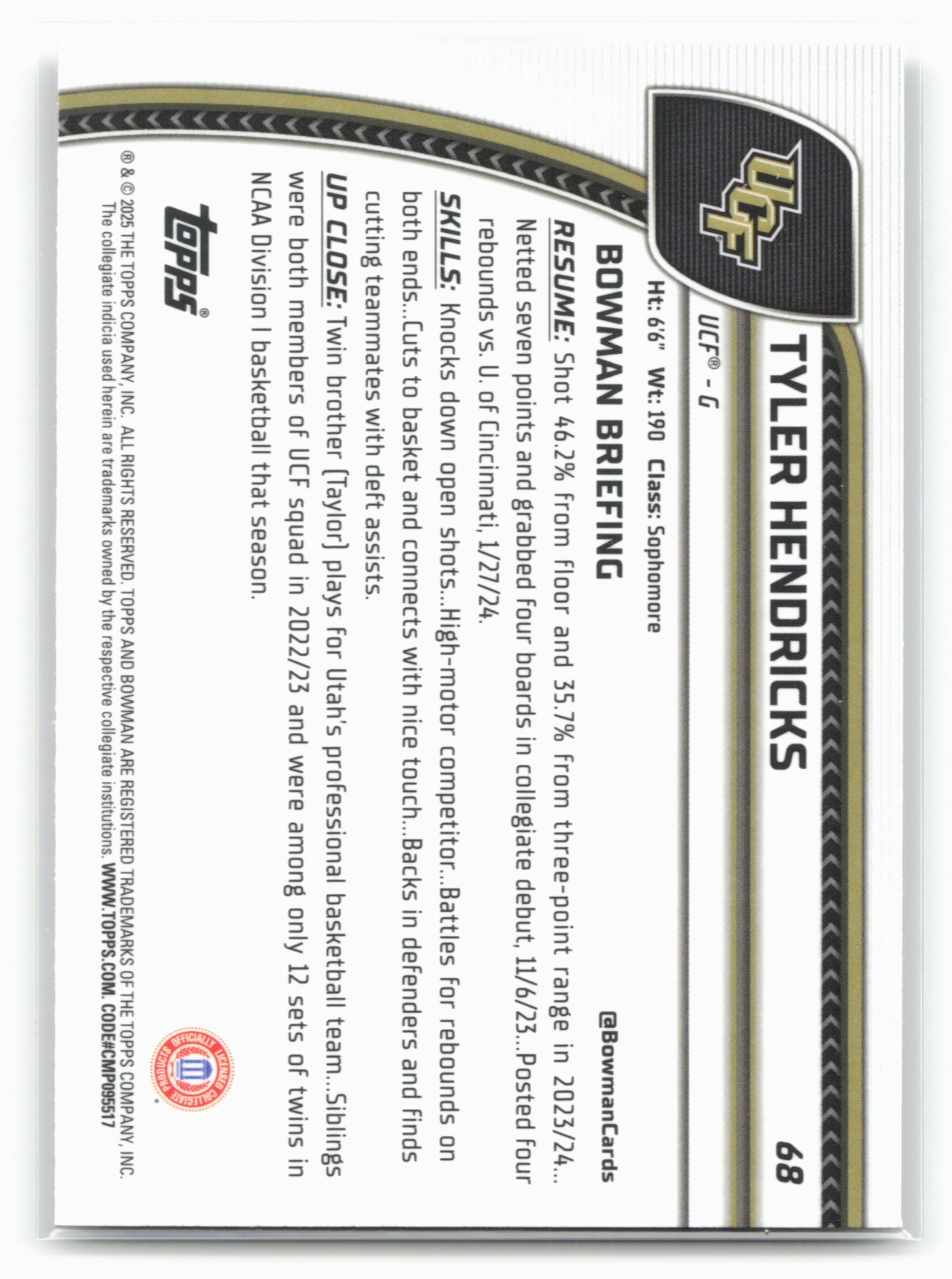 2024-25 Bowman University Chrome #68 Tyler Hendricks 17940