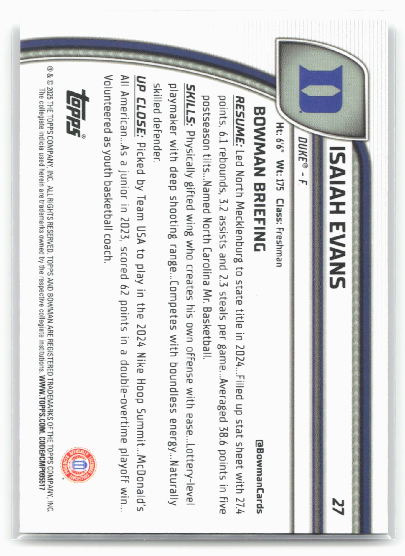 2024-25 Bowman University Chrome #27 Isaiah Evans 17941