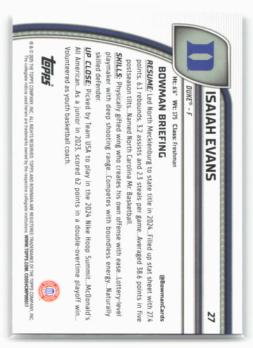 2024-25 Bowman University Chrome #27 Isaiah Evans 17941