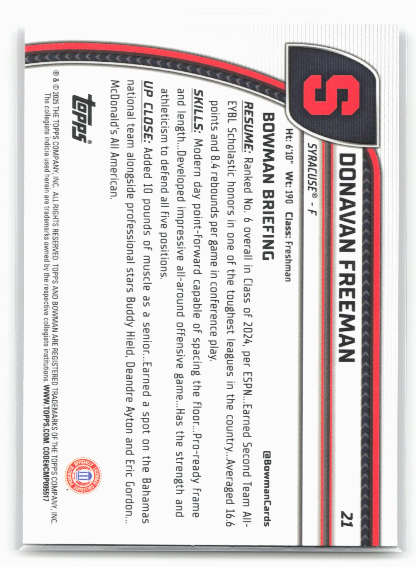 2024-25 Bowman University Chrome #21 Donavan Freeman 17945