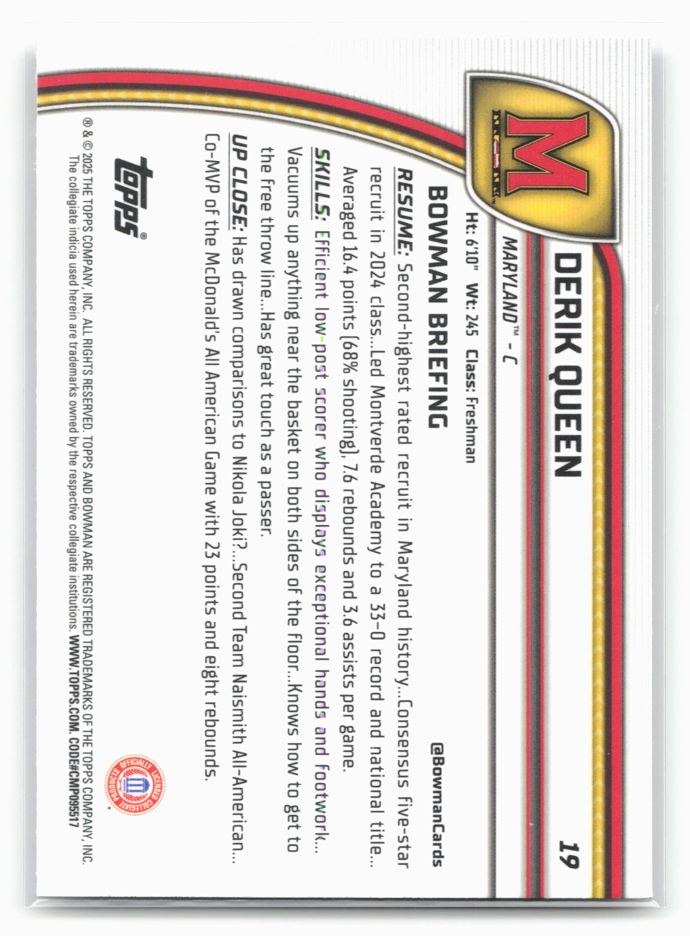 2024-25 Bowman University Chrome #19 Derik Queen 17946