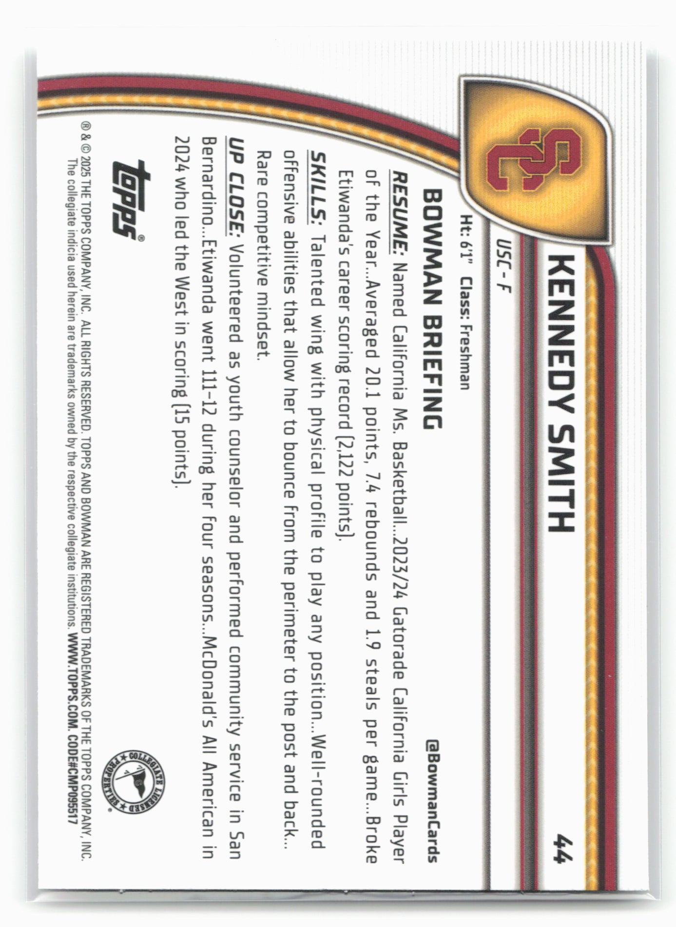 2024-25 Bowman University Chrome #44 Kennedy Smith 17957